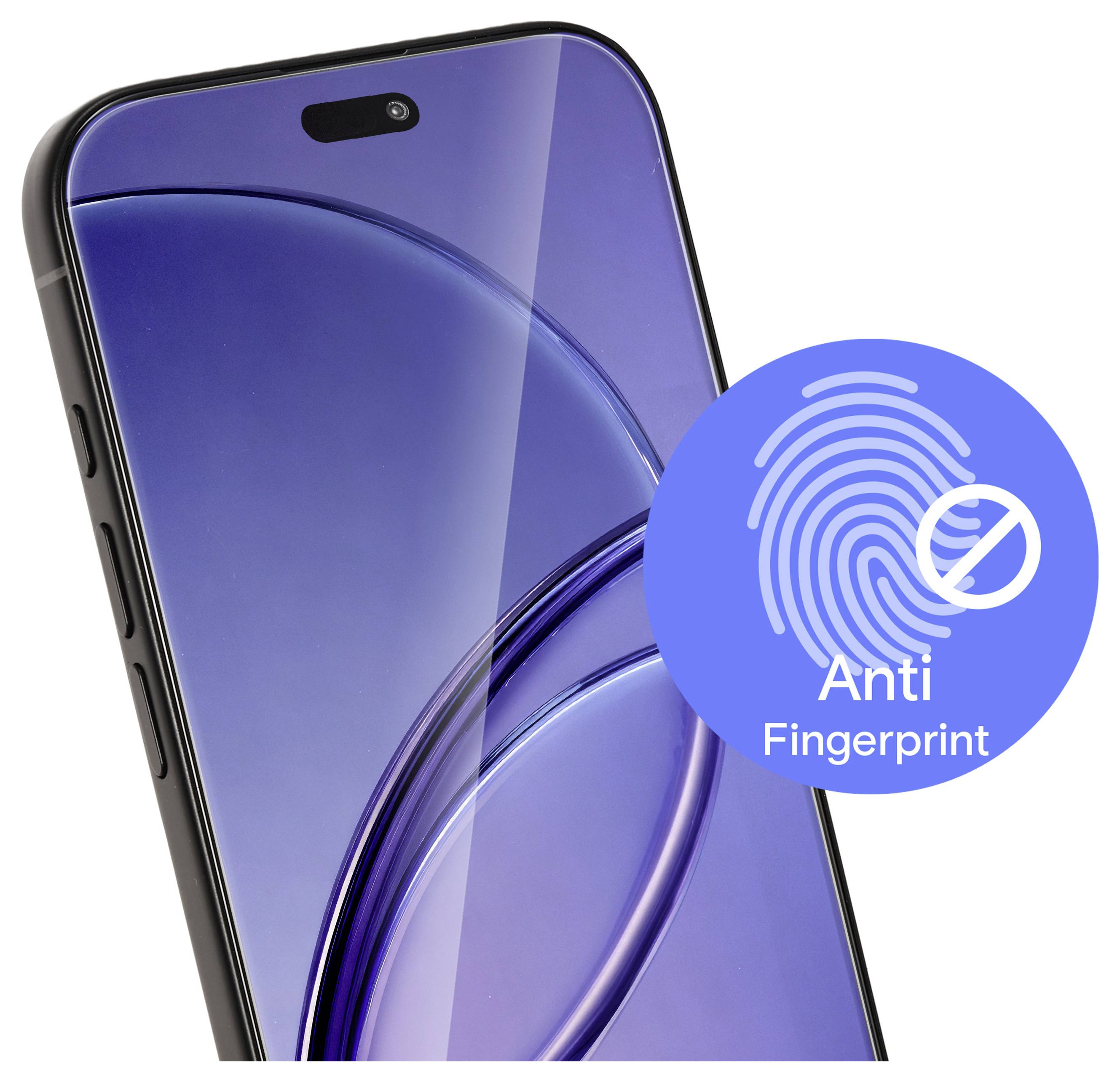 Smartphone-Bildschirm mit Symbol für Anti-Fingerabdruck-Beschichtung, das einen Fingerabdruck und den Text „Anti-Fingerabdruck