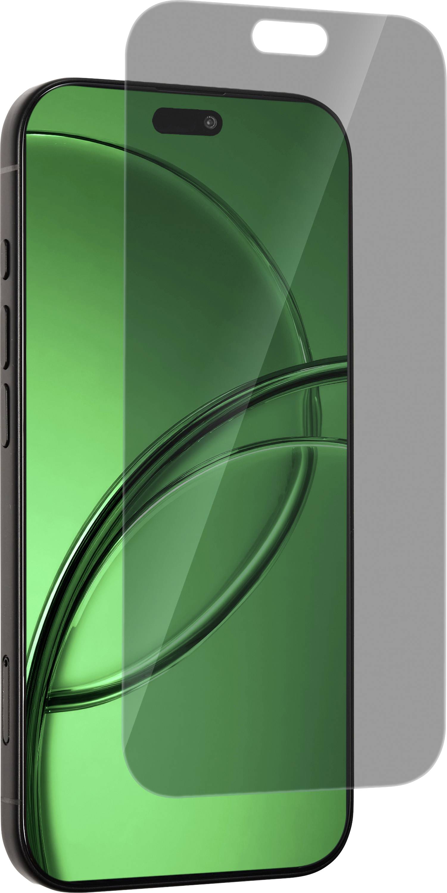 Displayschutzfolie für Smartphones mit Ausrichtungshilfe, dargestellt über einem grünen Telefondisplay zur Installation