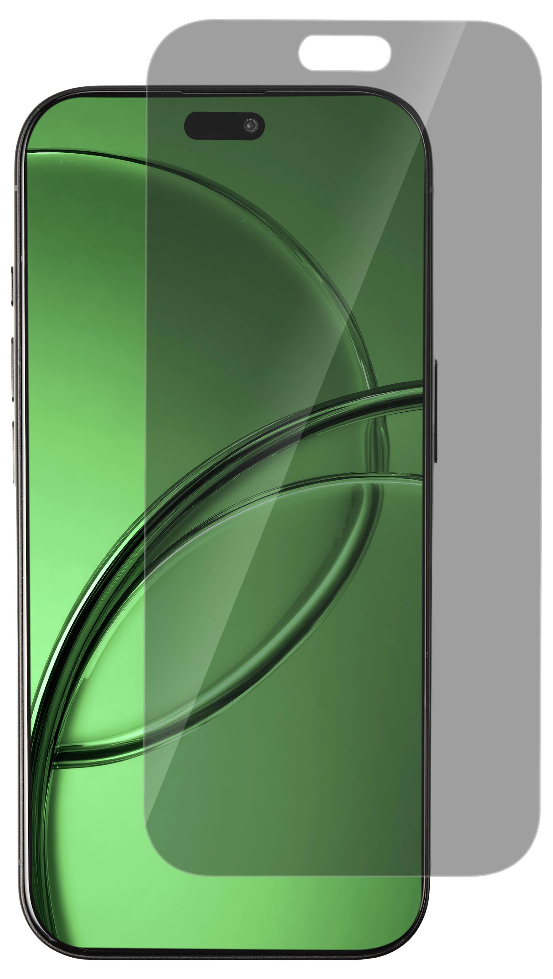 Displayschutzfolie für Smartphone über grünem Telefondisplay gezeigt, mit grauem Ausrichtungsleitfaden und Kameraausschnitt zur Anpassung.