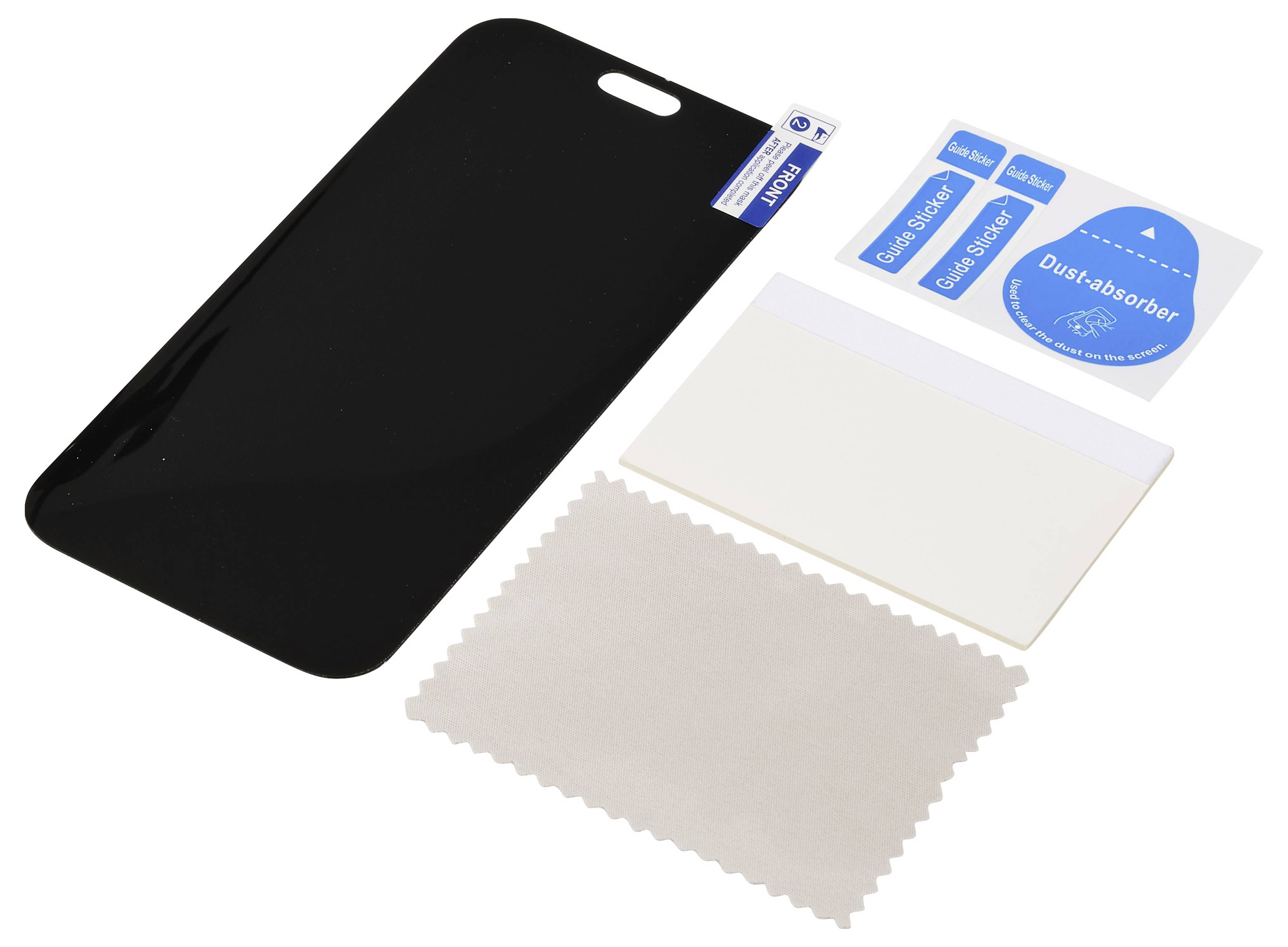 Displayschutz-Set mit einem schwarzen Displayschutz für Telefone, Staubabsorber-Aufkleberbogen, weißer Anleitekarte und Reinigungstuch auf weißem Hintergrund.