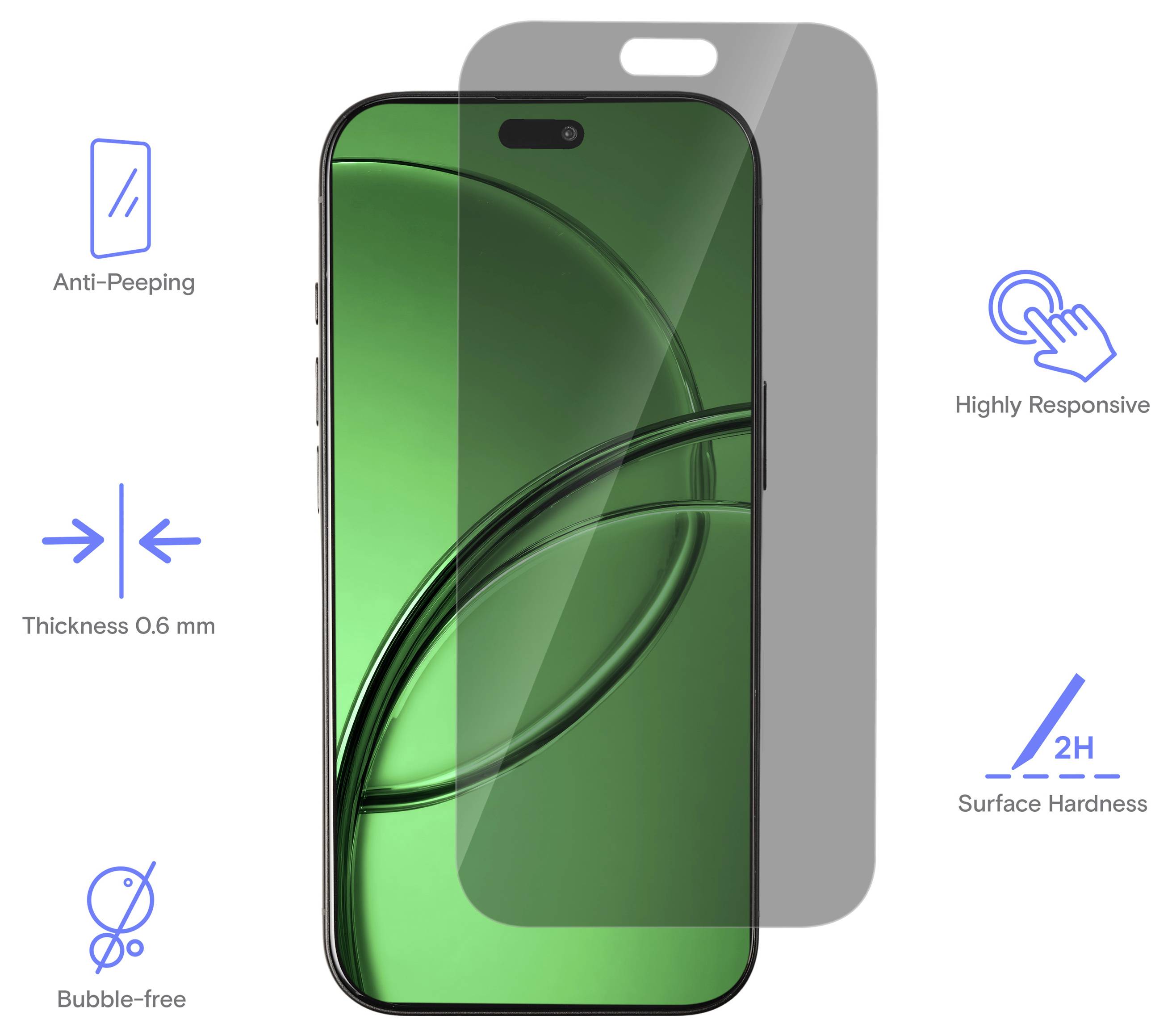 Smartphone-Displayschutz auf einem Telefon gezeigt, hervorgehoben werden der Anti-Spionage-Schutz, die 0,6 mm Dicke, die blasenfreie Installation, die hohe Reaktionsfähigkeit und die Oberflächenhärte 2H.