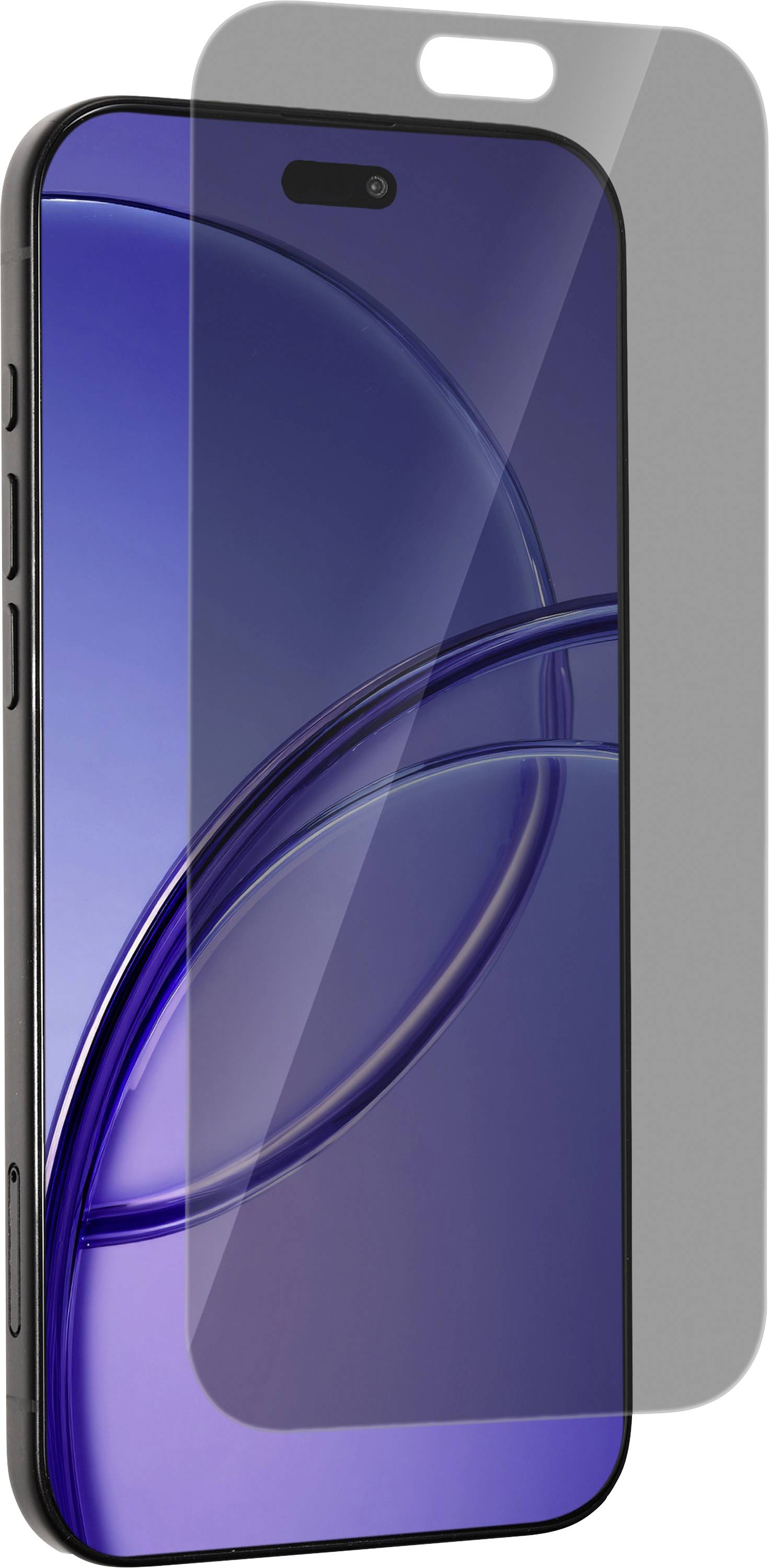 Schutzfolie für das Smartphone-Display, über einem schwarzen Telefon ausgerichtet, zeigt die Abdeckung und die Aussparungsplatzierung für die Frontkamera und den Lautsprecher.