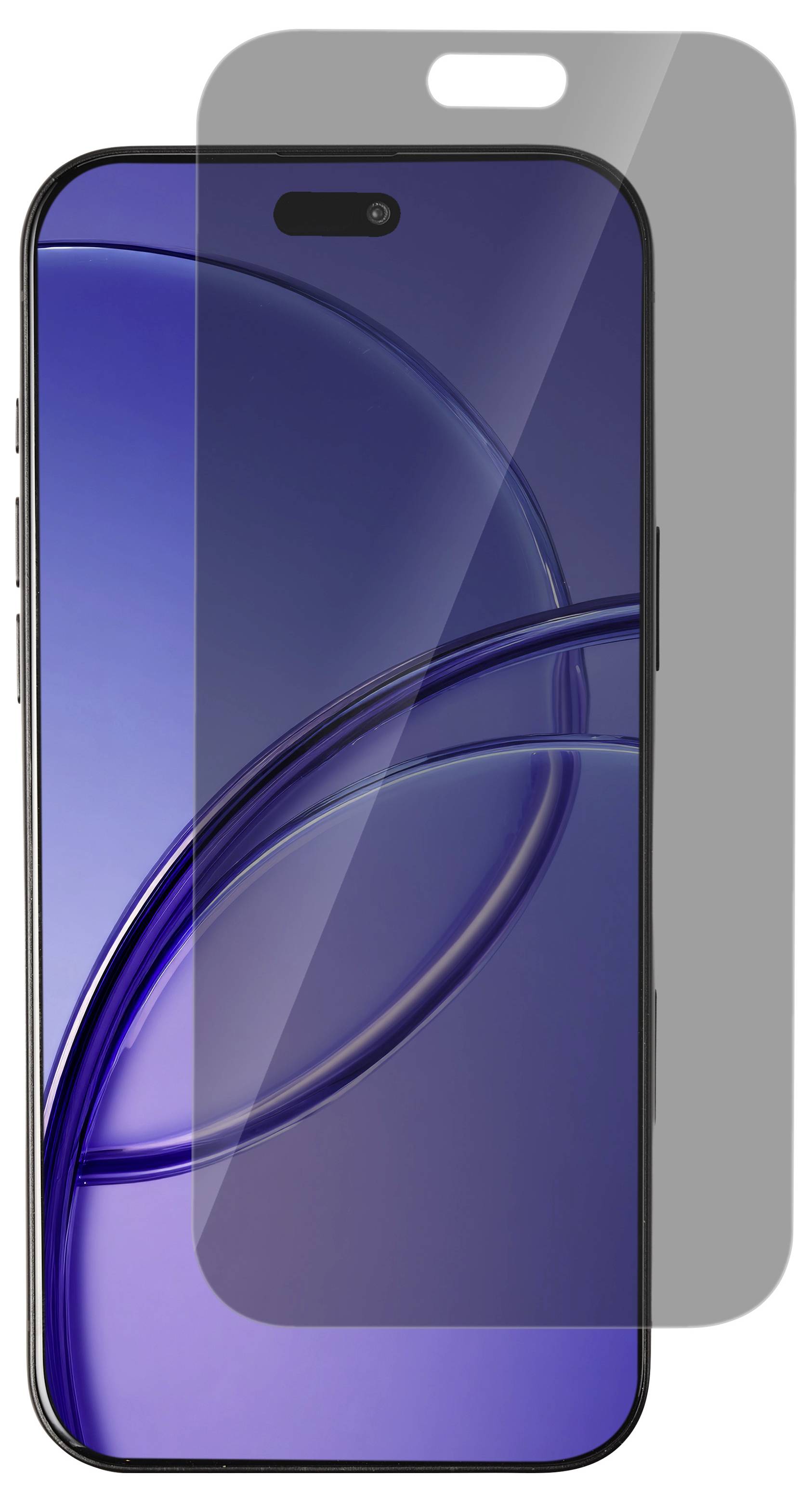 Displayschutzfolie für Smartphones, die über einem blauen Telefon angebracht ist, mit einer zentrierten Frontkamera-Aussparung und abgerundeten Ecken.