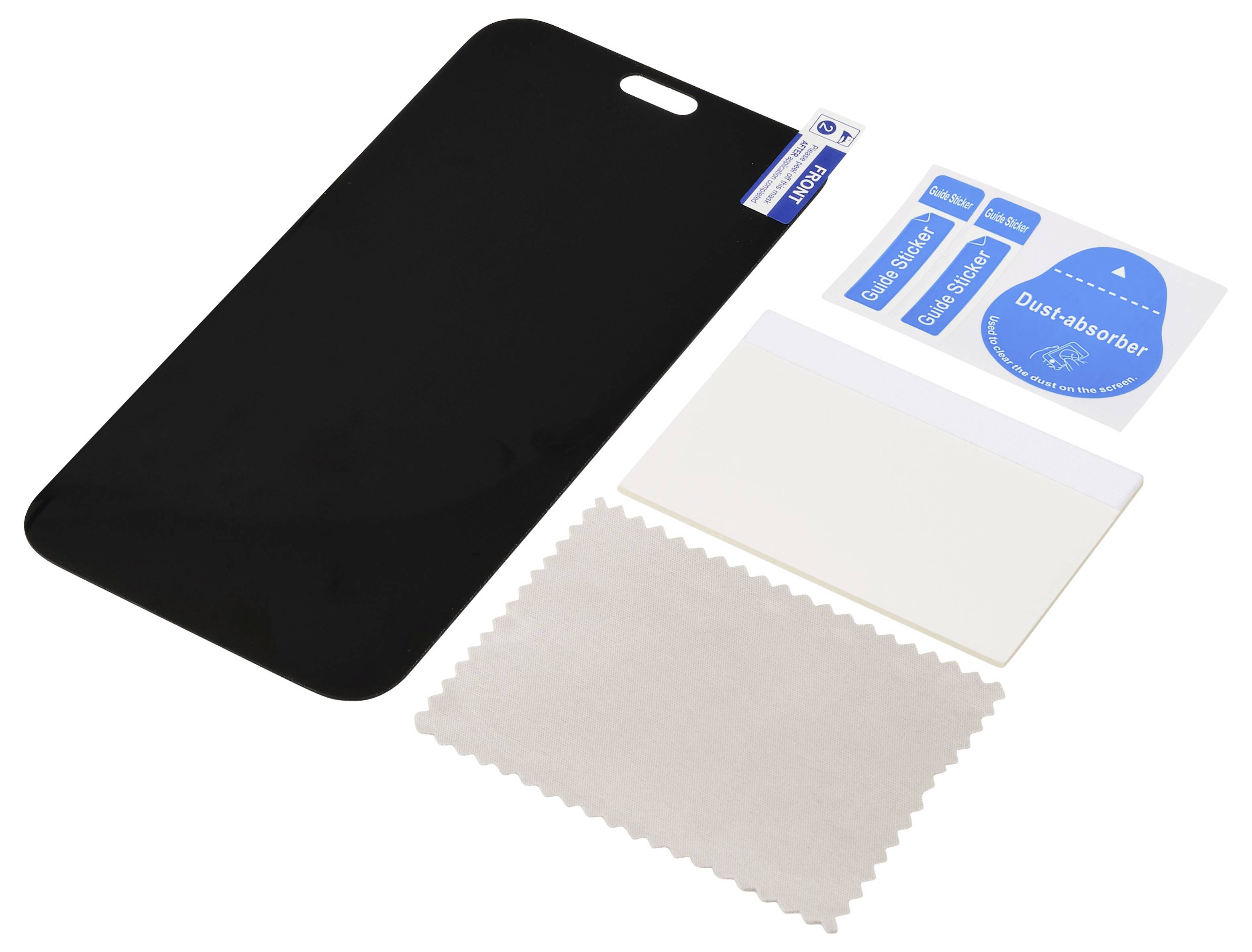 Schwarzes Displayschutzfolien-Set für Telefon mit Applizierkarte, Staubabsorber-Aufklebern und Reinigungstuch auf weißem Hintergrund