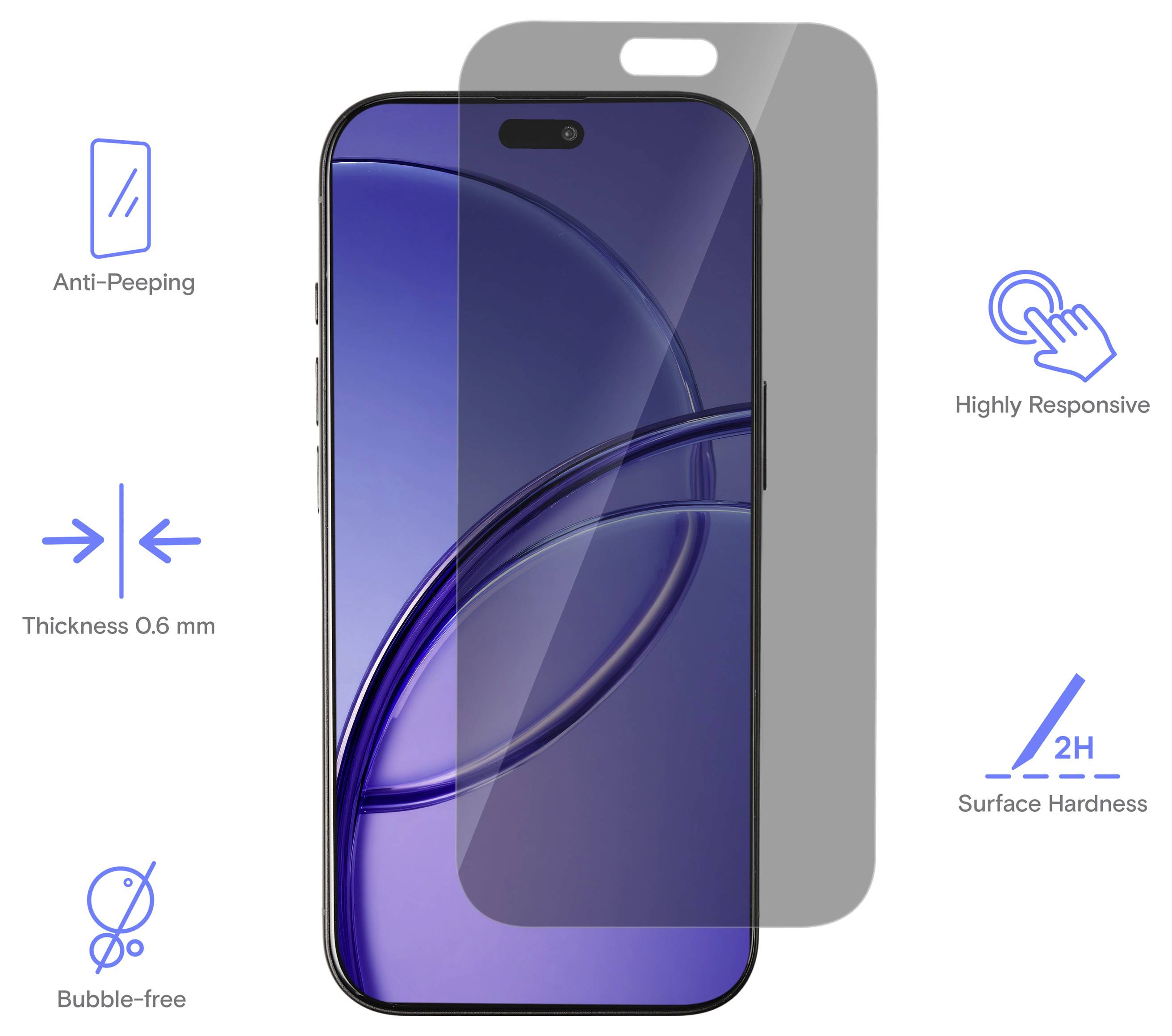 Darstellung eines Displayschutzes auf einem Smartphone, der Anti-Spionage, 0,6 mm Dicke, blasenfreie Installation, hohe Reaktionsfähigkeit und 2H-Oberflächenhärte hervorhebt.