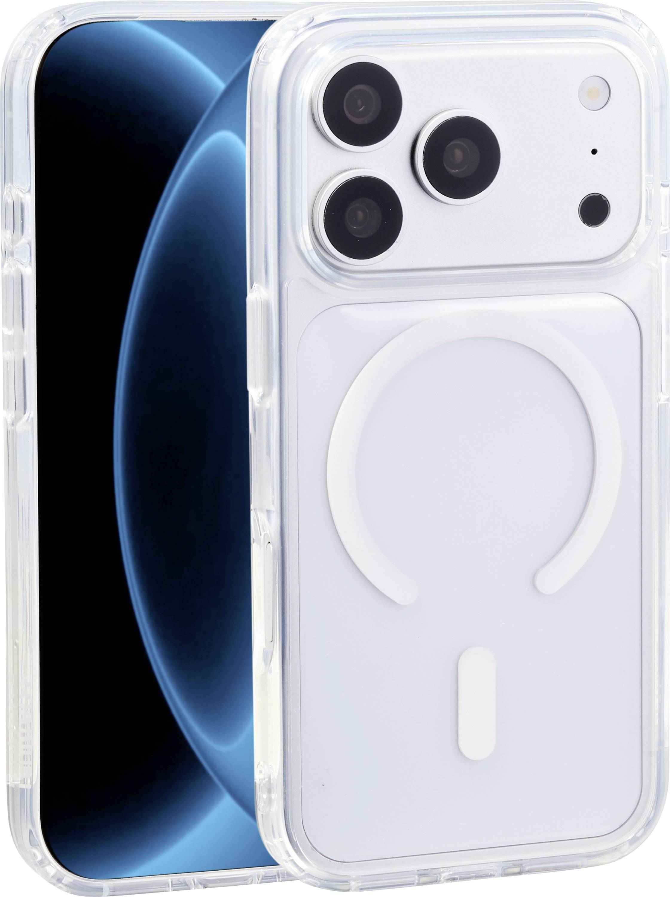 Durchsichtiges iPhone mit Rück- und Vorderseite sichtbar, mit dreifacher Hintergrundkamera und weißem MagSafe-ähnlichem Zubehör auf der Rückseite.