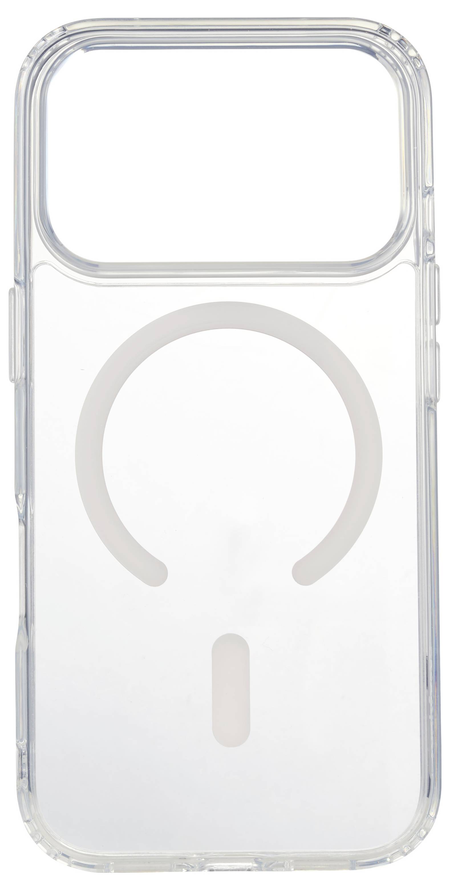 Durchsichtige Smartphone-Schutzhülle mit integriertem ringförmigem Ausrichtungsring im MagSafe-Stil und großem Kameraausschnitt oben.