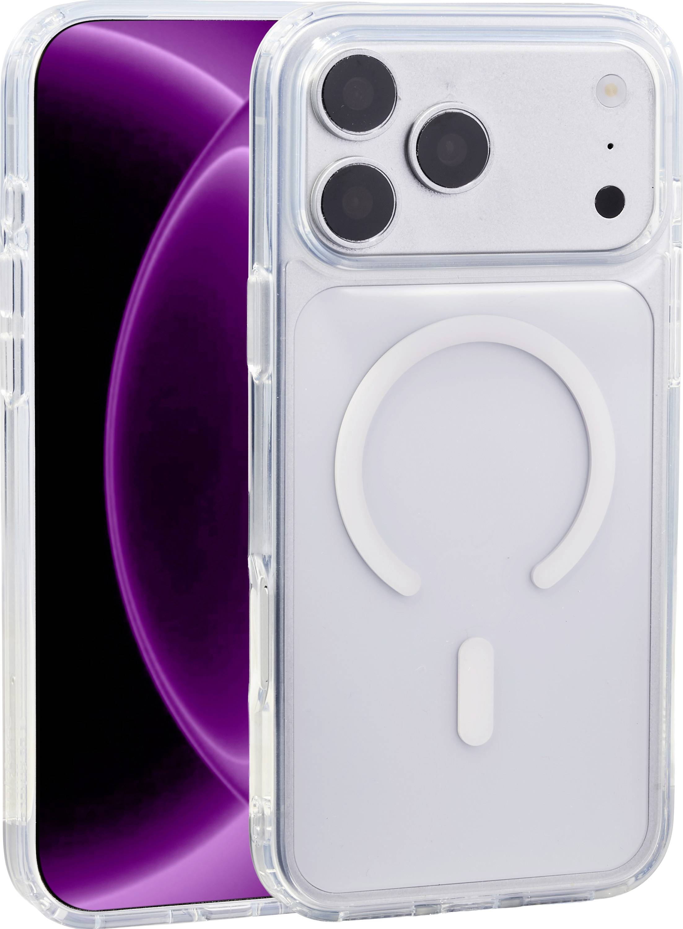 Zwei Smartphones mit durchsichtigen Gehäusen, nebeneinander angeordnet. Das vordere Telefon zeigt ein abstraktes violettes Hintergrundbild auf dem Display, und das hintere Telefon zeigt eine dreifache Kameraanordnung und einen MagSafe-ähnlichen Ring.