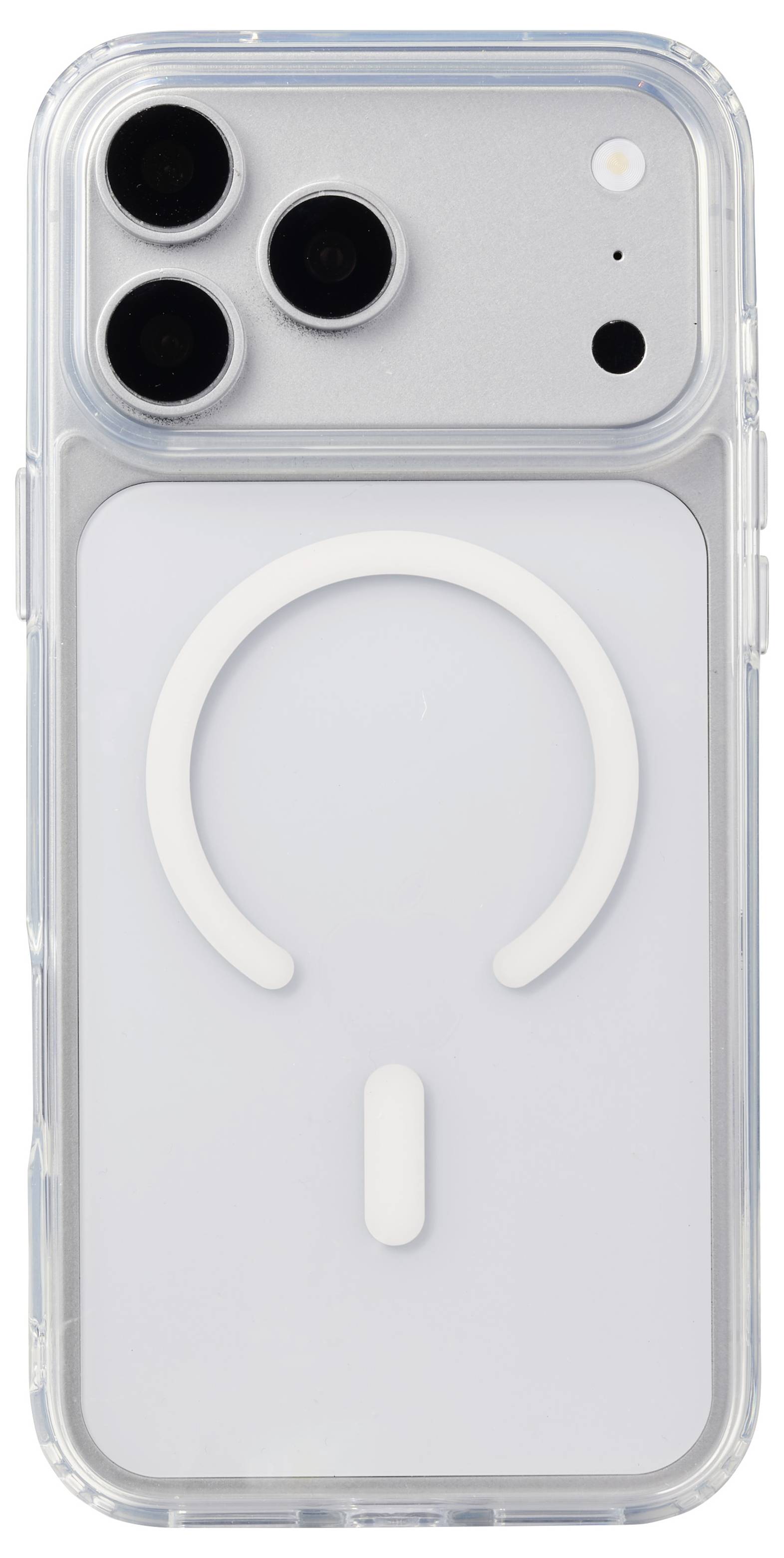Transparente Handyhülle mit weißem MagSafe-ähnlichem Ring und Ausrichtungsmarkierung, gezeigt auf der Rückseite eines Smartphones mit dreifacher Kamera.