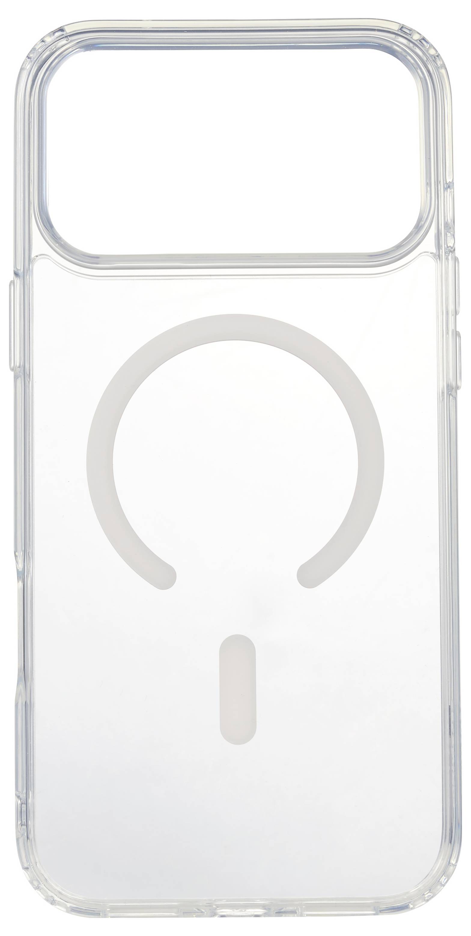 Transparente Smartphone-Hülle mit integriertem MagSafe-ähnlichem Ring und vertikaler Ausrichtungsmarkierung auf der Rückseite, frontal vor weißem Hintergrund dargestellt