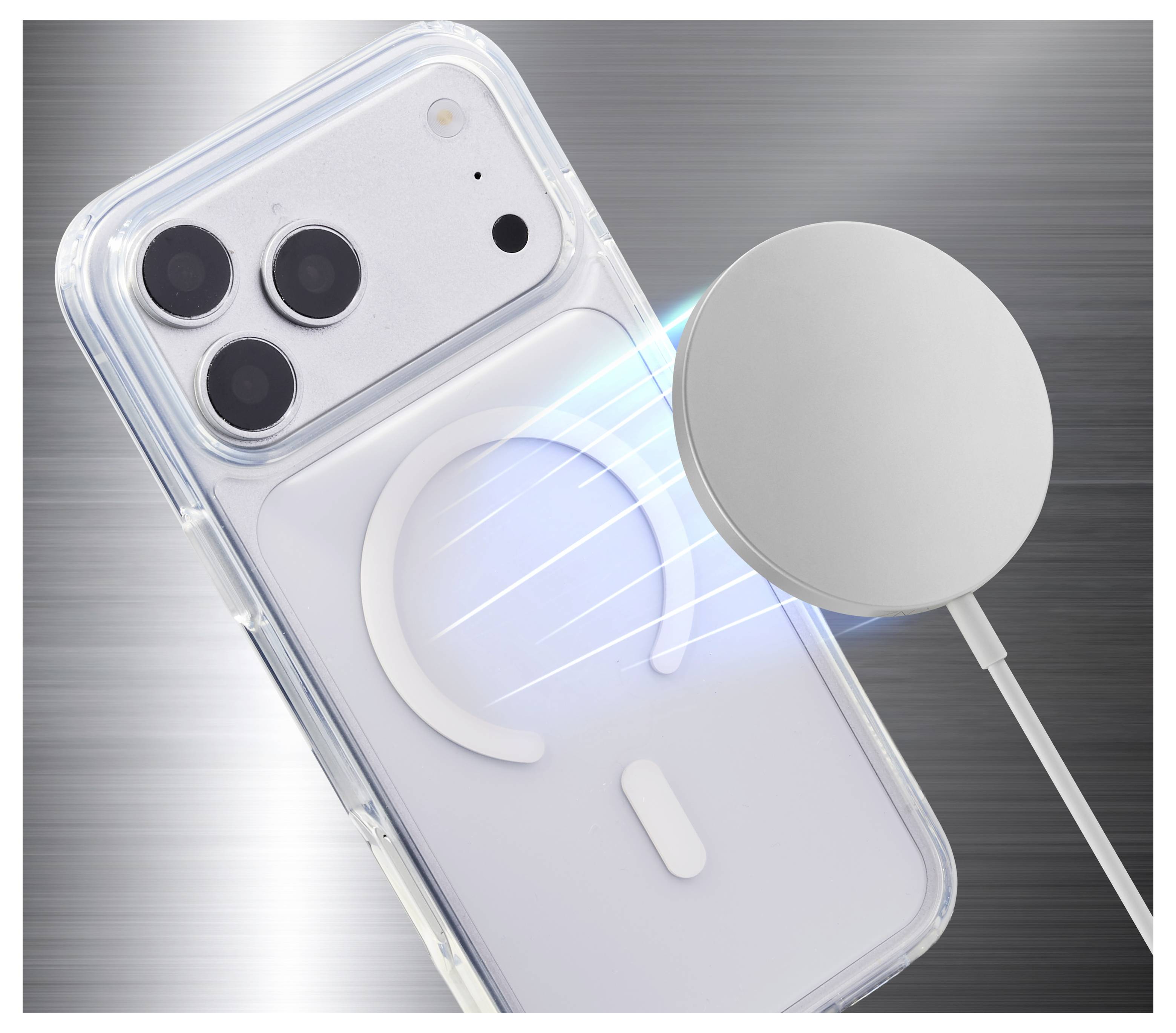 Smartphone in durchsichtiger Schutzhülle, das sich kabellos auf einem magnetischen Ladepad auflädt, mit blauen Lichtstrahlen, die die kabellose Stromübertragung anzeigen.