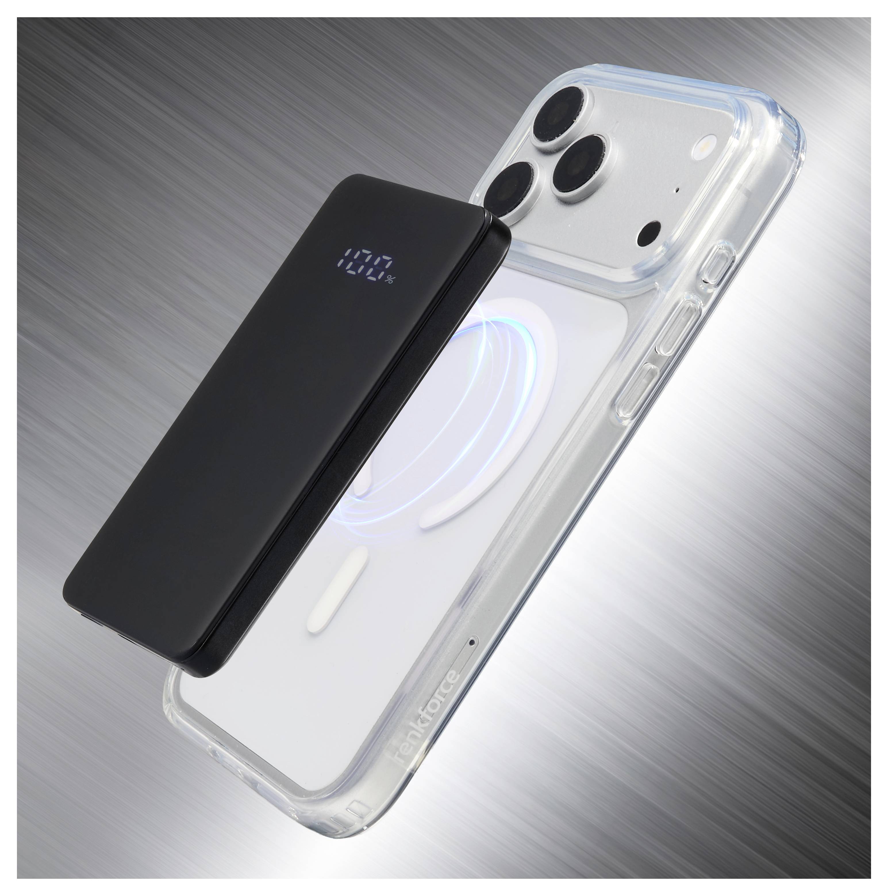 Wireless-Powerbank, die magnetisch an der Rückseite eines iPhones in einer klaren Schutzhülle befestigt ist und einen leuchtenden Ladering zeigt.
