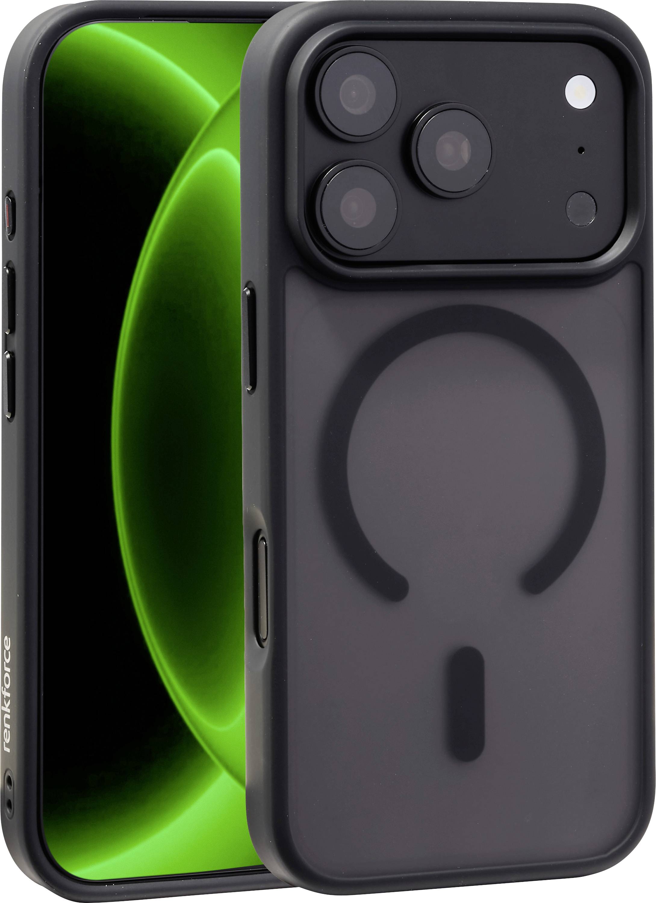 Zwei schwarze Smartphones von vorne und hinten gezeigt; das hintere Telefon hat ein Triple-Kamera-Modul und einen MagSafe-Ring, während das vordere Display einen leuchtend grünen abstrakten Hintergrund zeigt.