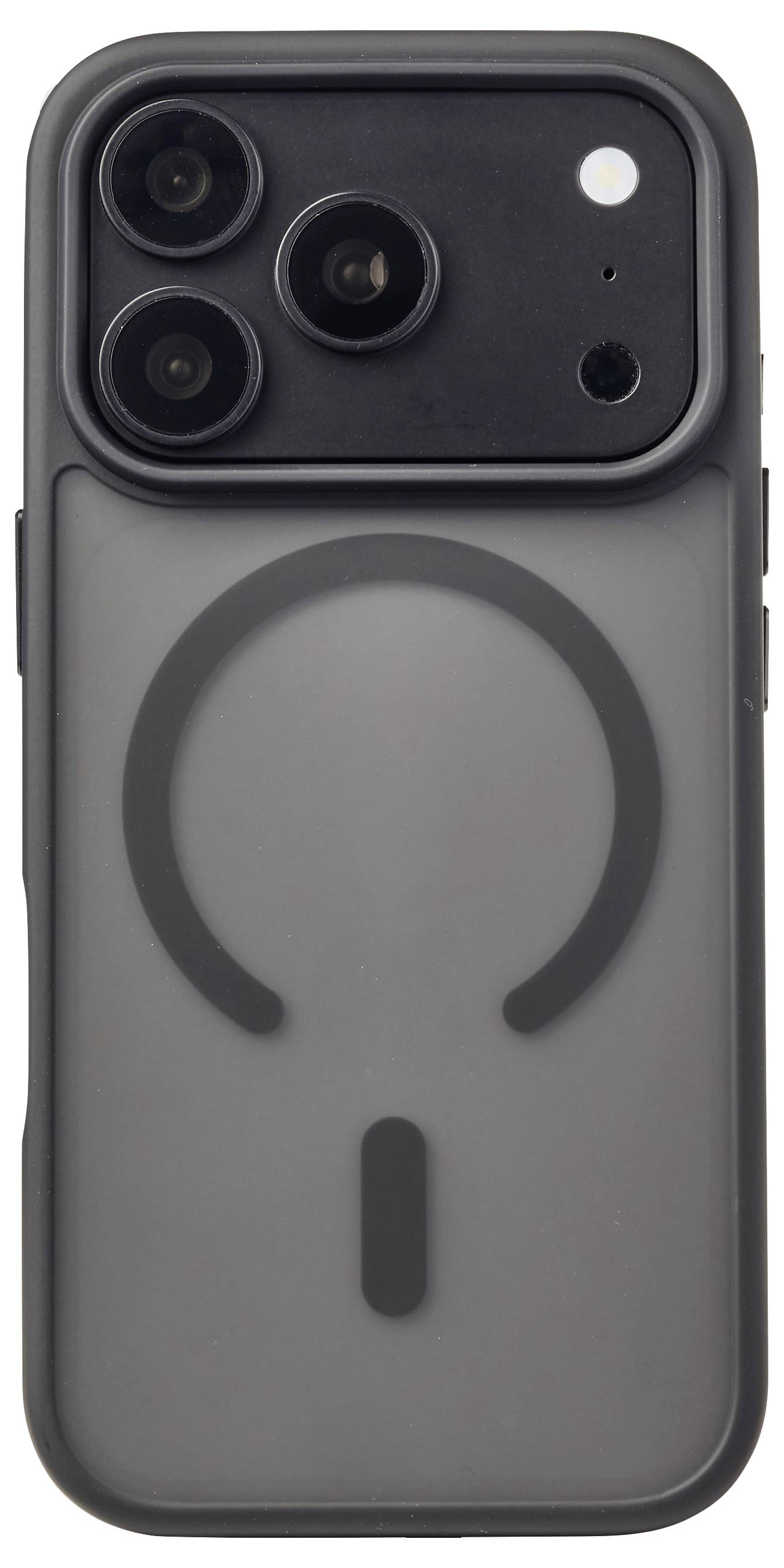 Rückseite einer dunkelgrauen Smartphone-Hülle mit erhöbenem Kameraausschnitt und einem großen kreisförmigen MagSafe-ähnlichen Ring in der Mitte auf der Rückseite.