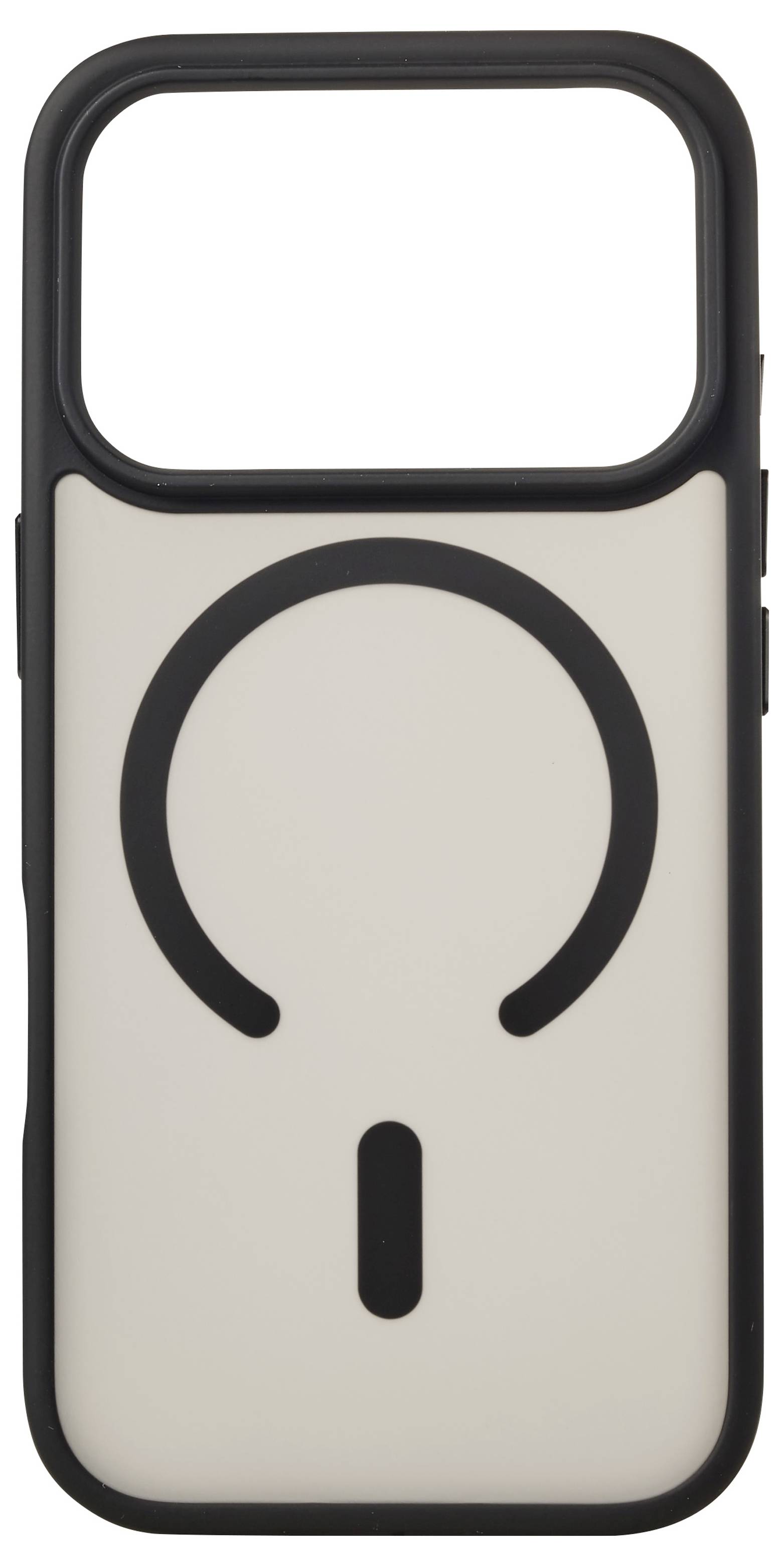 Ein beige Smartphone-Case mit einem großen schwarzen Kreisring auf der Rückseite und einem vertikalen Schlitz darunter.