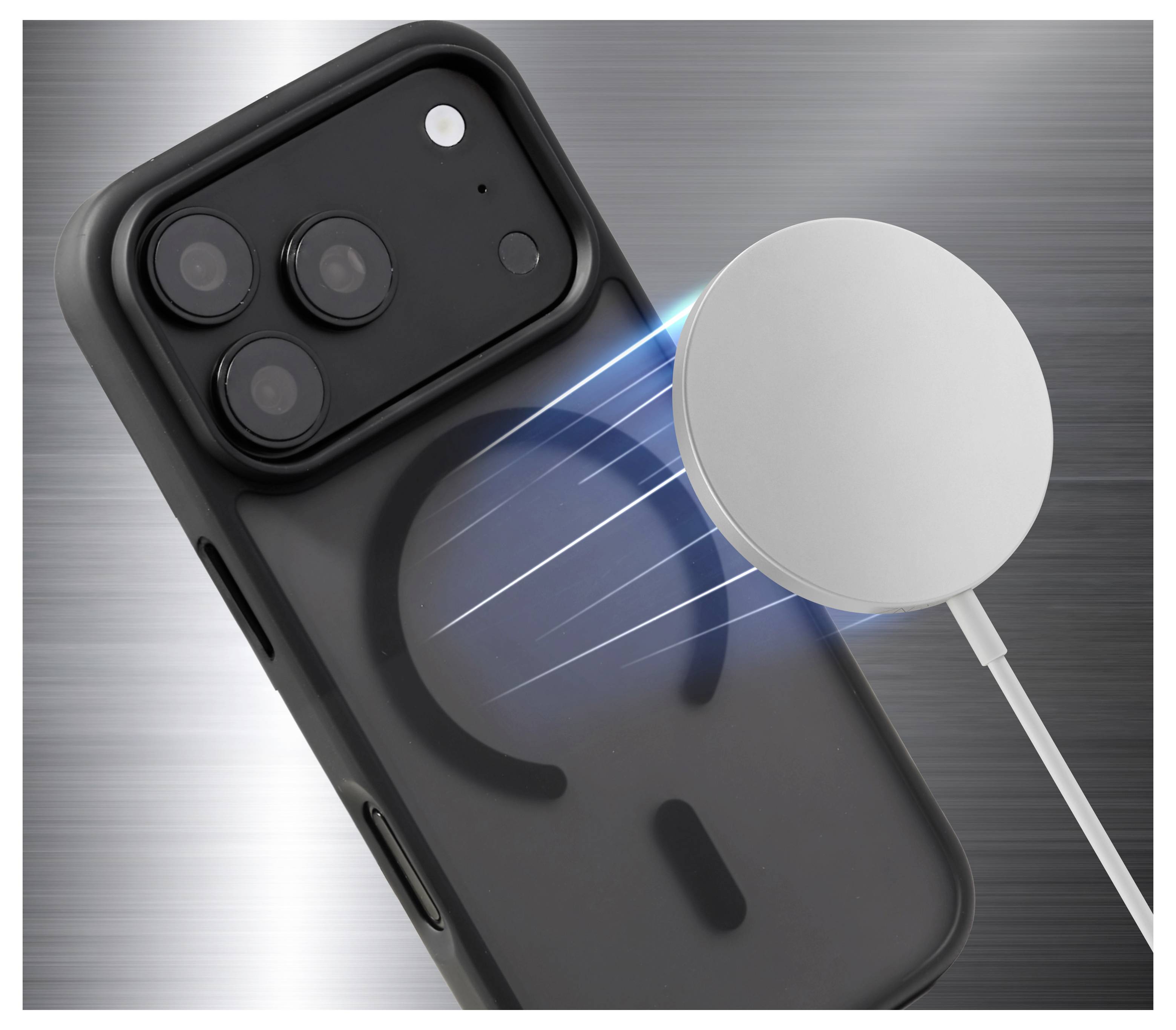 Wireless-Ladeschale lädt ein Smartphone in einer transparenten Hülle auf, dargestellt mit blauen Ladebalken und einem dreilinsen-Kameramodul auf der Rückseite.