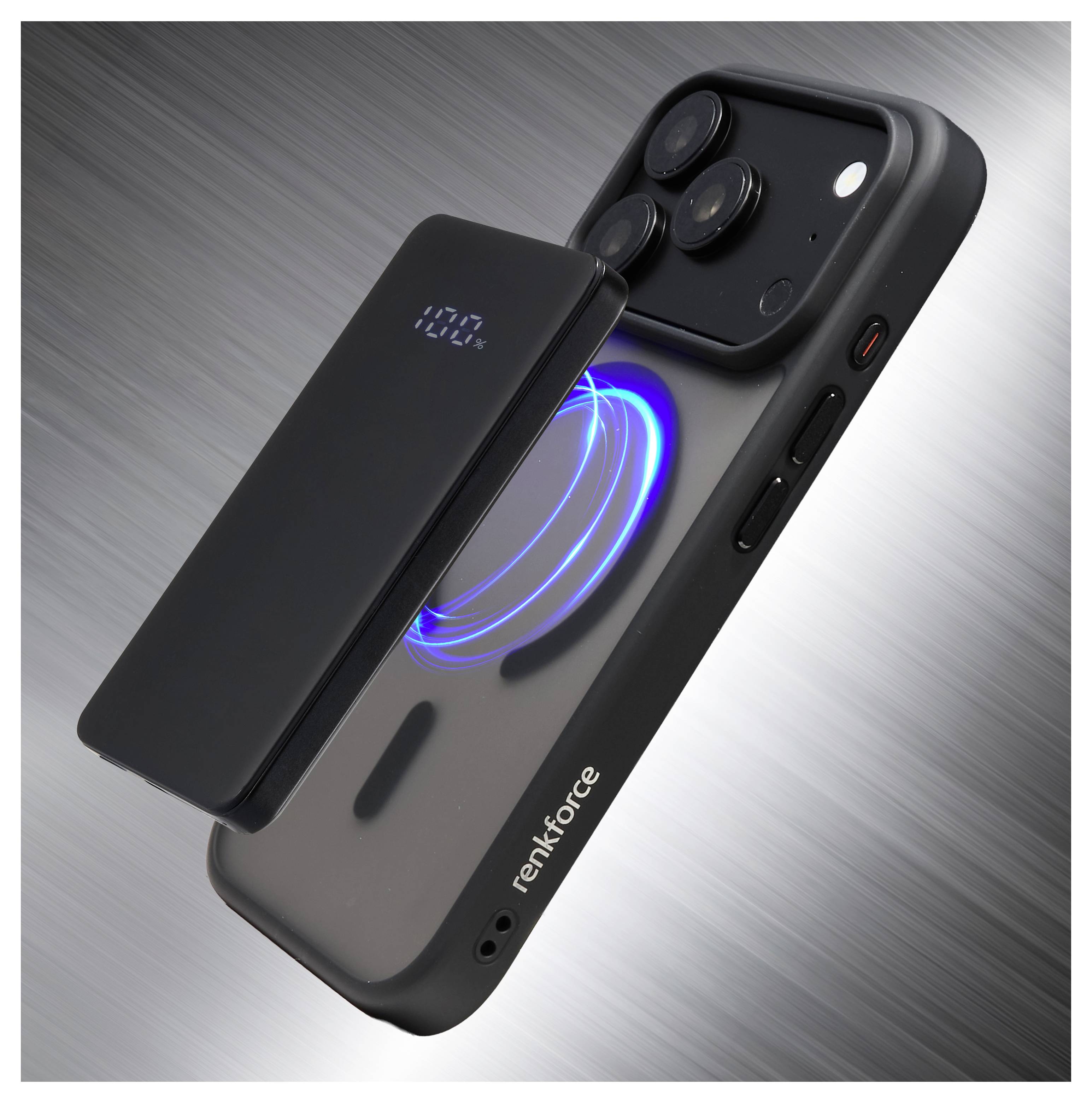 Schwarzes Smartphone mit einer magnetischen Powerbank, die auf der Rückseite befestigt ist, zeigt einen leuchtenden blauen kabellosen Laderingring und ein Triple-Kamera-Modul.