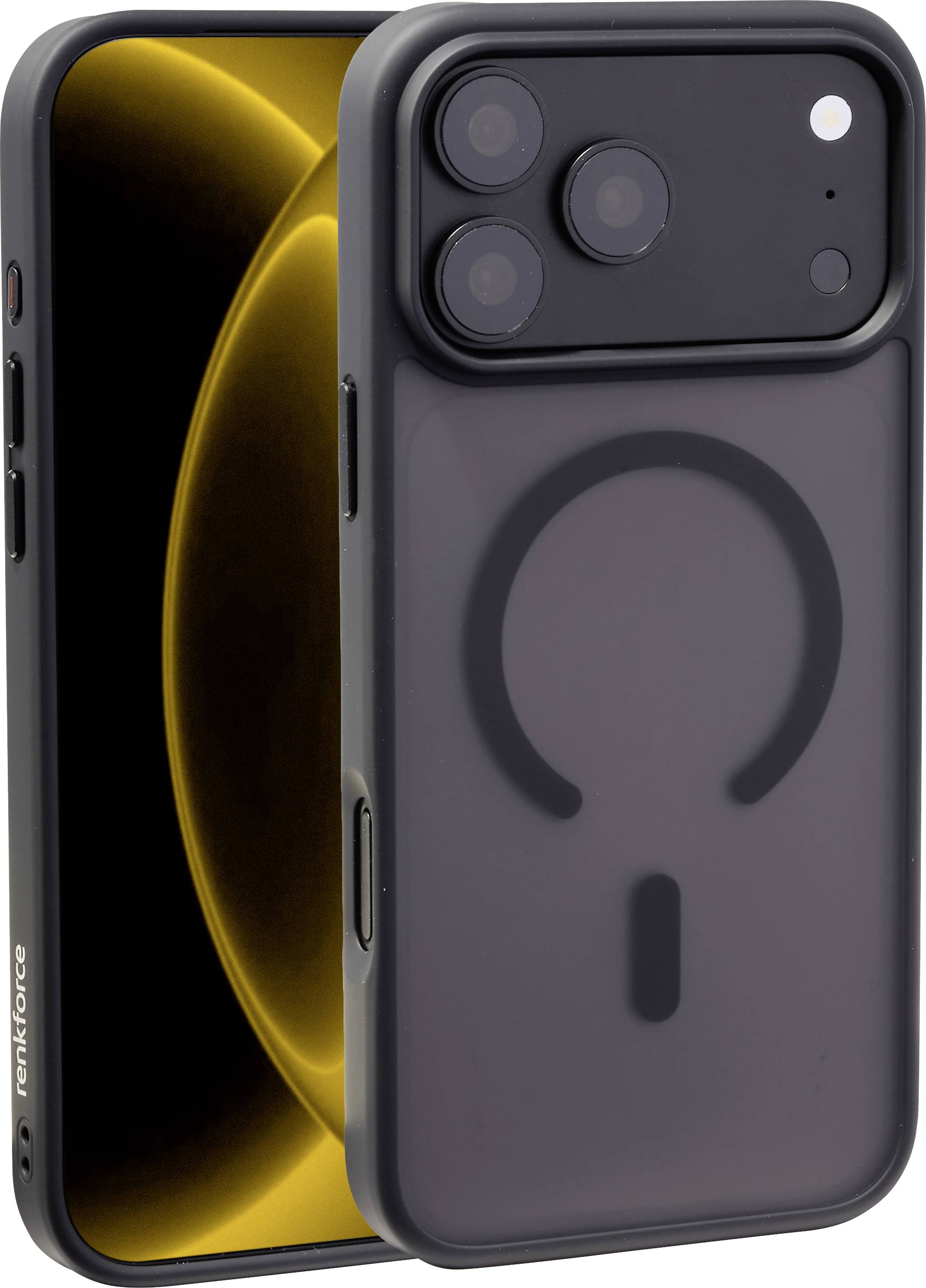 Zwei Smartphones von vorne und hinten gezeigt, mit einer schwarzen Hülle mit großem kreisförmigem MagSafe-ähnlichem Logo und dreifacher rückwärtiger Kamera.