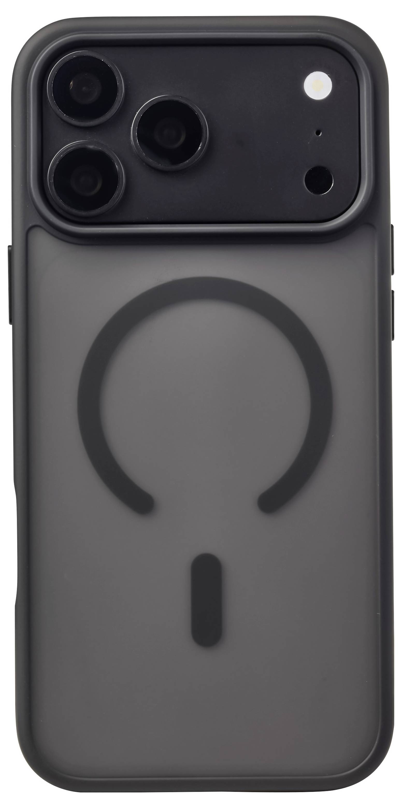 Schwarze Smartphone-Schutzhülle mit großem kreisförmigem MagSafe-ähnlichem Ring und drei Ausschnitten für rückwärtige Kameras.