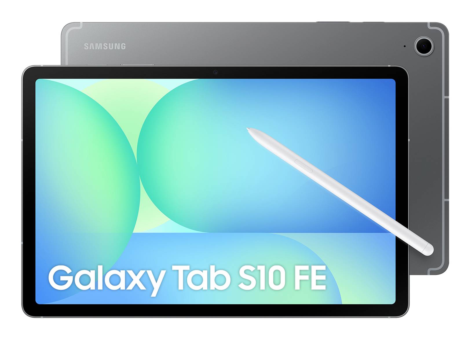 Samsung Galaxy Tab S10 FE Tablet von vorne und hinten dargestellt, mit Stylus über dem Bildschirm und Modellname auf dem Display angezeigt.