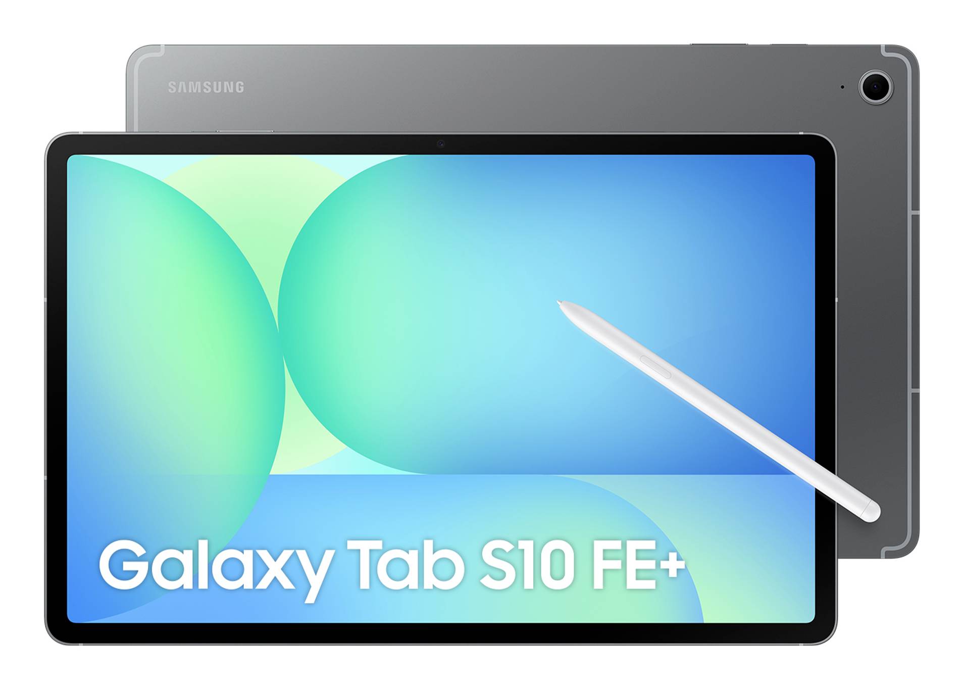 Samsung Galaxy Tab S10 FE+ Tablet mit Stylus, vorne und hinten auf weißem Hintergrund gezeigt.