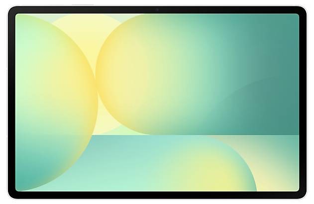 Ein Tablet mit schwarzem Rahmen, das einen abstrakten Pastellhintergrund mit überlappenden grünen, gelben und blaugrünen Kreisen anzeigt.