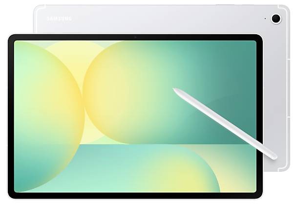 Samsung-Tablet mit großem Display, auf dem ein farbenfrohes abstraktes Hintergrundbild angezeigt wird, mit einem weißen Stift, der diagonal über den Bildschirm gelegt ist.