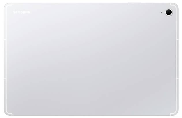 Rückseite eines silbernen Samsung-Tablets mit einer Rückenkamera in der oberen rechten Ecke.
