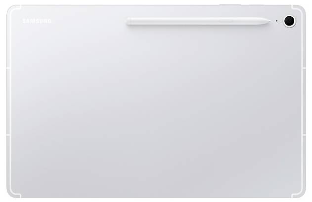 Rückansicht eines silbernen Samsung-Tablets mit einer Rückkamera oben rechts und einem Stift, der oben angedockt ist.