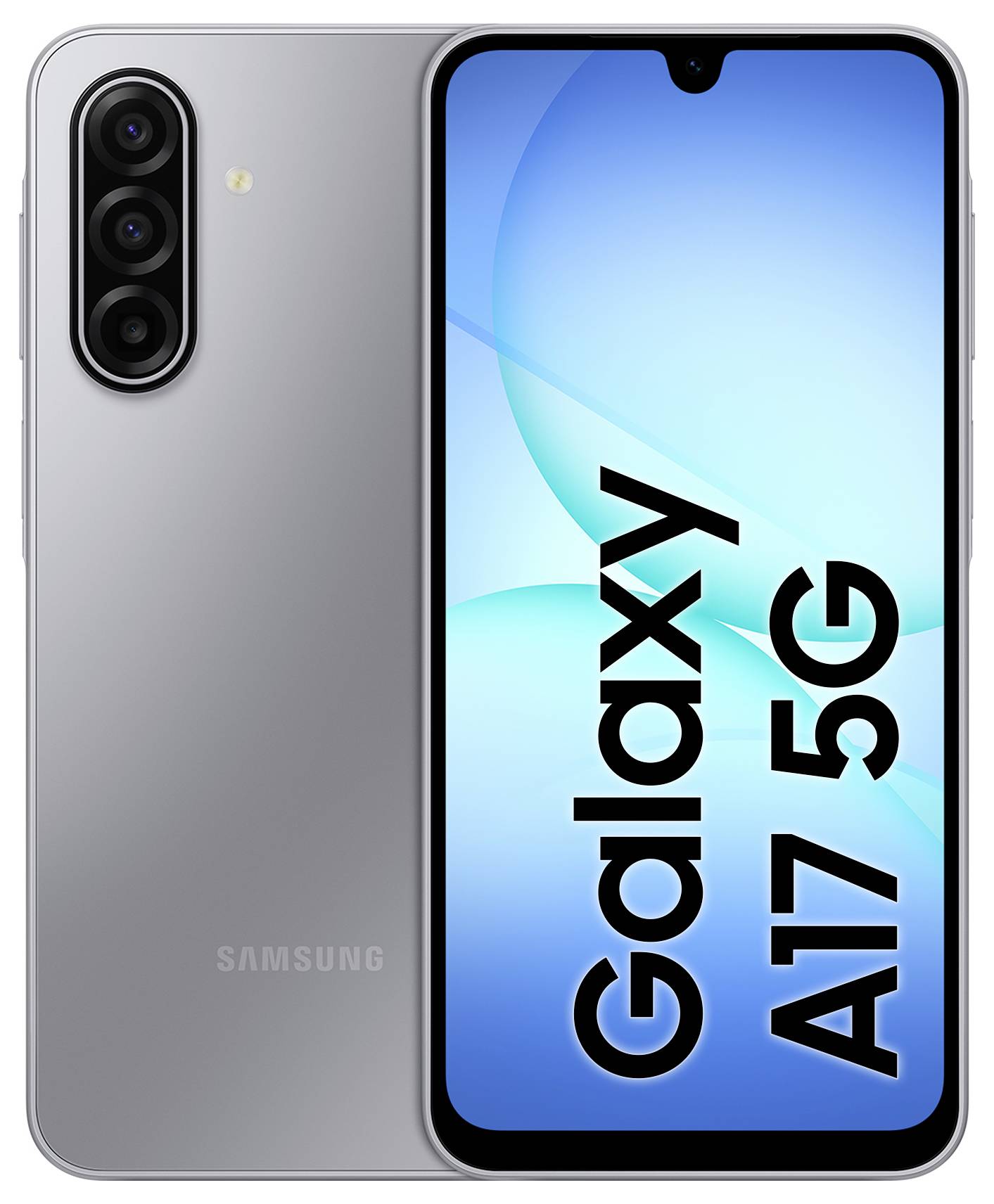 Samsung Galaxy A17 5G Smartphone von vorne und hinten mit dreifacher Rückkamera und „Galaxy A17 5G