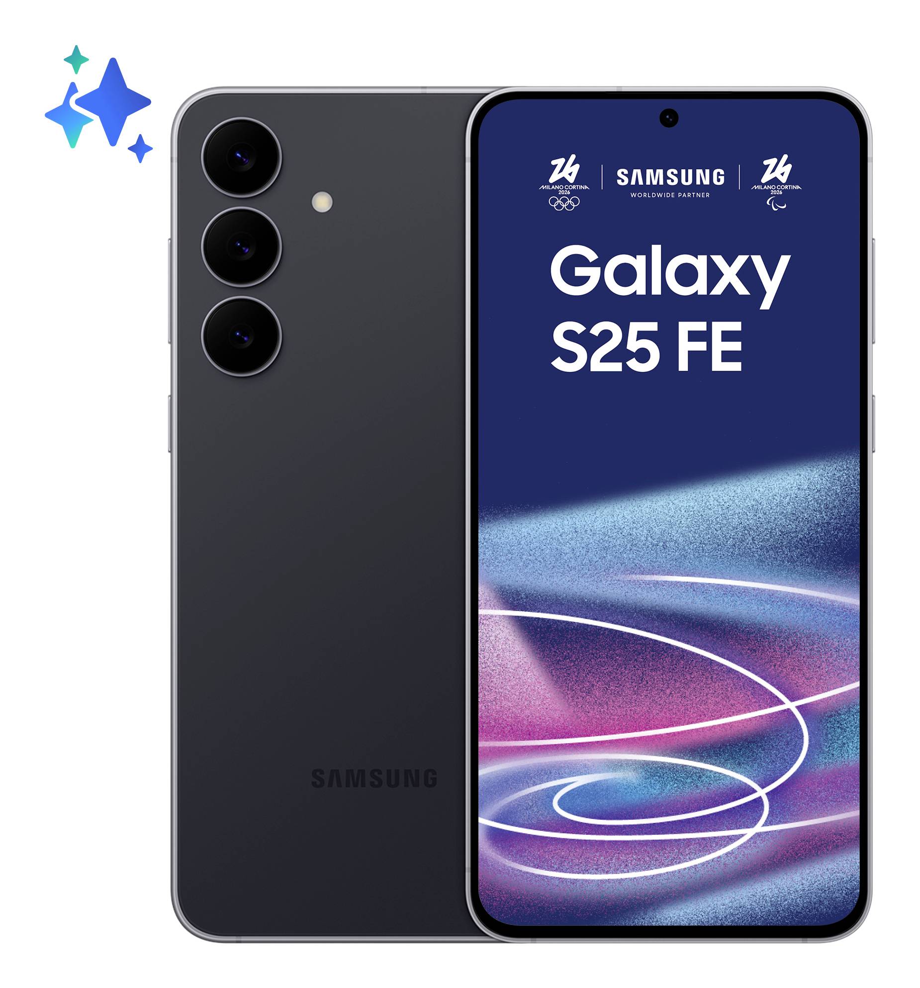Samsung Galaxy S25 FE Smartphone von vorne und hinten gezeigt, schwarzes Finish, mit Bildschirm, der 