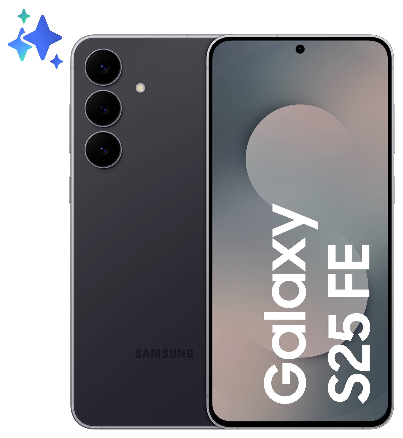Samsung Galaxy S25 FE Smartphone in Schwarz von vorne und hinten gezeigt, mit drei rückseitigen Kameras und dem Display, das 