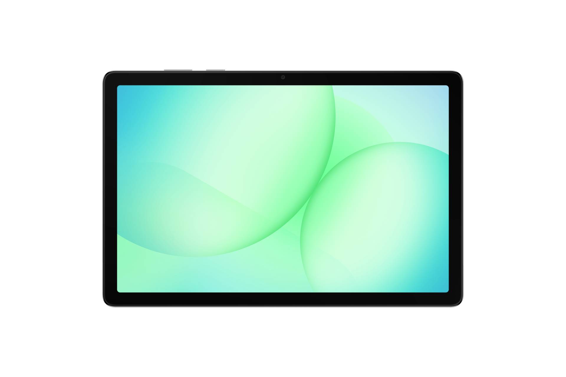 Ein Tablet in Querformat, das eine abstrakte Tapetenzeichnung in Blaugrün und Minzgrün auf weißem Hintergrund anzeigt.