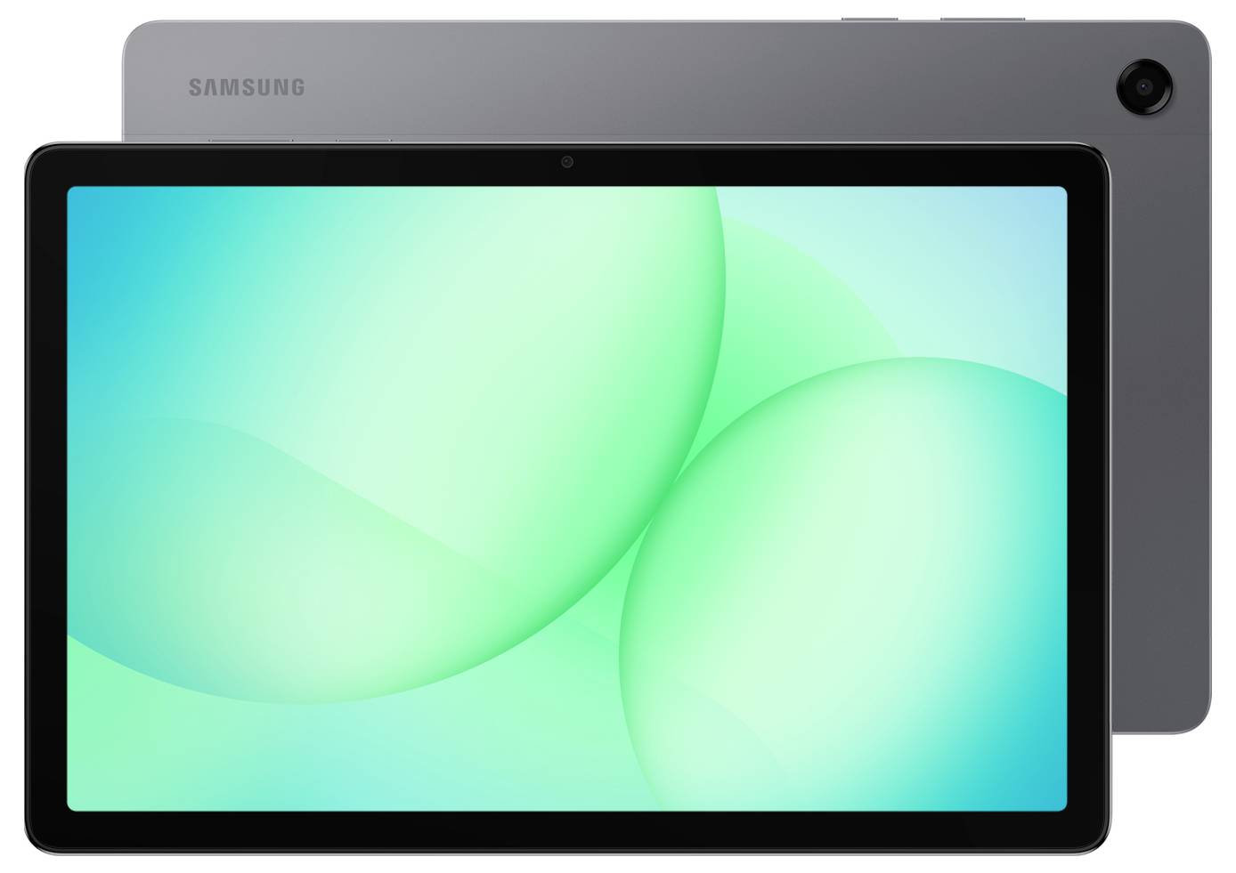 Frontansicht eines Samsung-Tablets mit abstraktem türkisfarbenem Bildschirm, das gegen die grau gefärbte Rückseite des Geräts gezeigt wird.