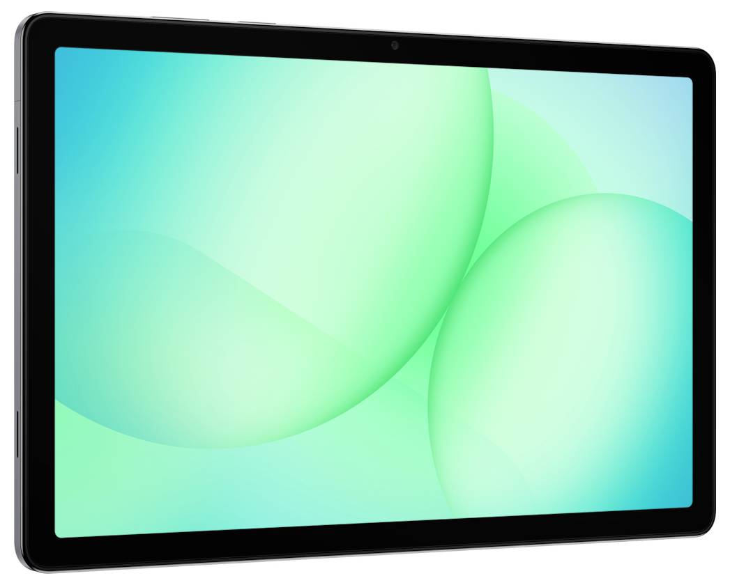 Schwarzes Tablet im Querformat mit heller Blaugrün-abstrakten Tapete und sich überlappenden geschwungenen Formen.