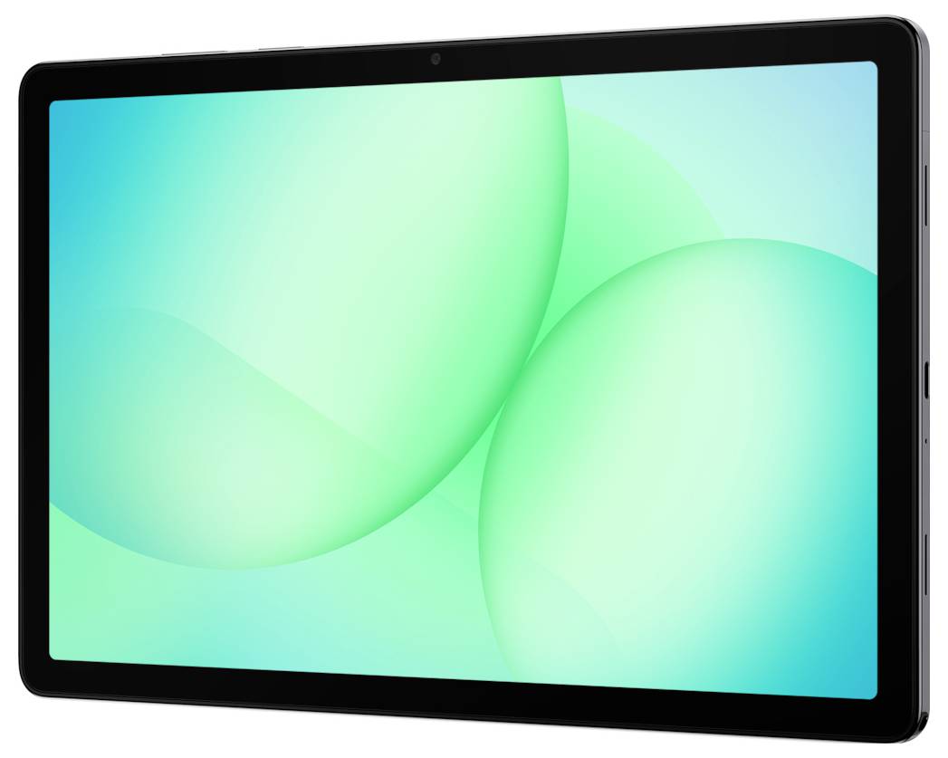 Schwarzes Tablet mit hellem türkisfarbenem abstraktem Hintergrund auf dem Bildschirm, in Querformat auf weißem Hintergrund angezeigt.