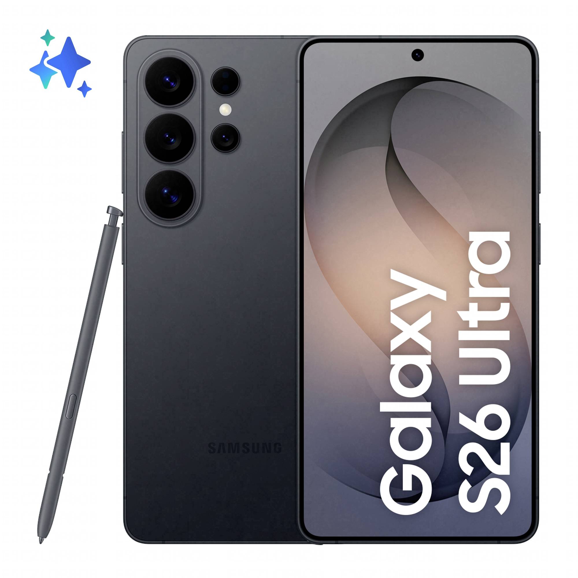 Samsung Galaxy S26 Ultra Smartphone von vorne und hinten gezeigt mit Stylus, mit einer dreifachen Rückfahrtkamera und dem Text „Galaxy S26 Ultra