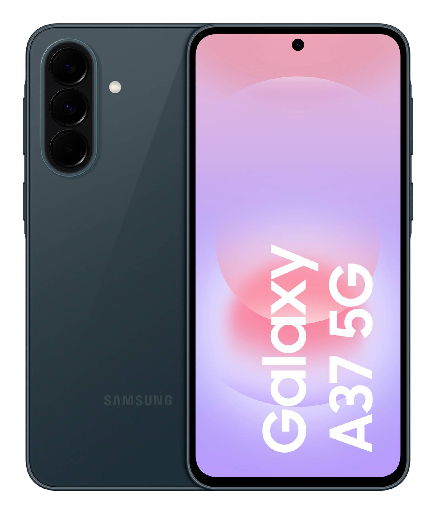 Samsung Galaxy A37 5G Smartphone von vorne und hinten dargestellt, mit Triple-Rückkameras und einem Display in Rosa bis Lila mit der Aufschrift „Galaxy A37 5G