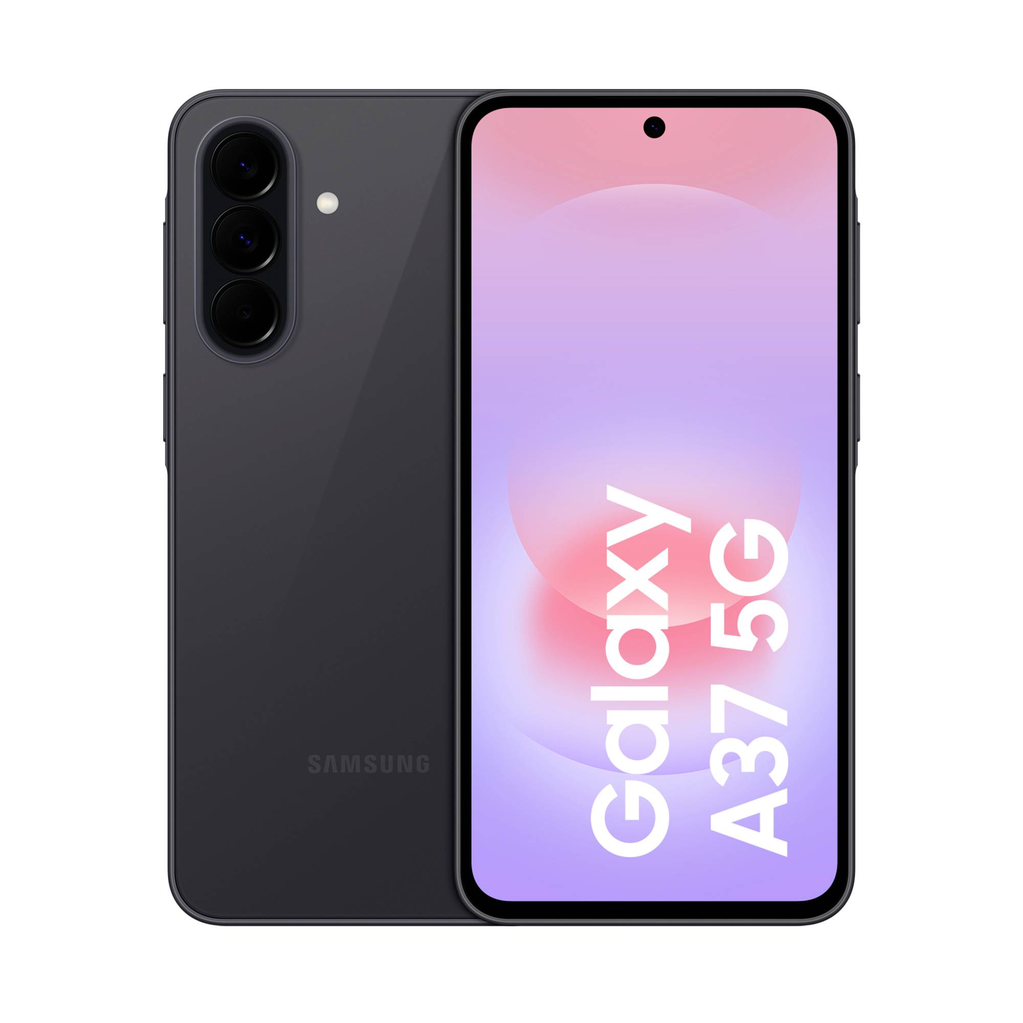 Samsung Galaxy A37 5G Smartphone von vorn und hinten gezeigt, mit schwarzen rückseitigen Kameras und einem rosa-violetten Display, auf dem „Galaxy A37 5G