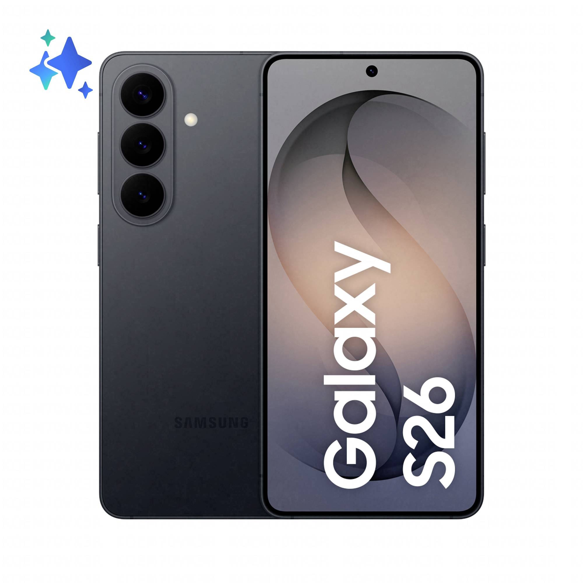 Samsung Galaxy S26 Smartphone in Schwarz von vorne und hinten dargestellt, mit dreifacher Rückkamera und 