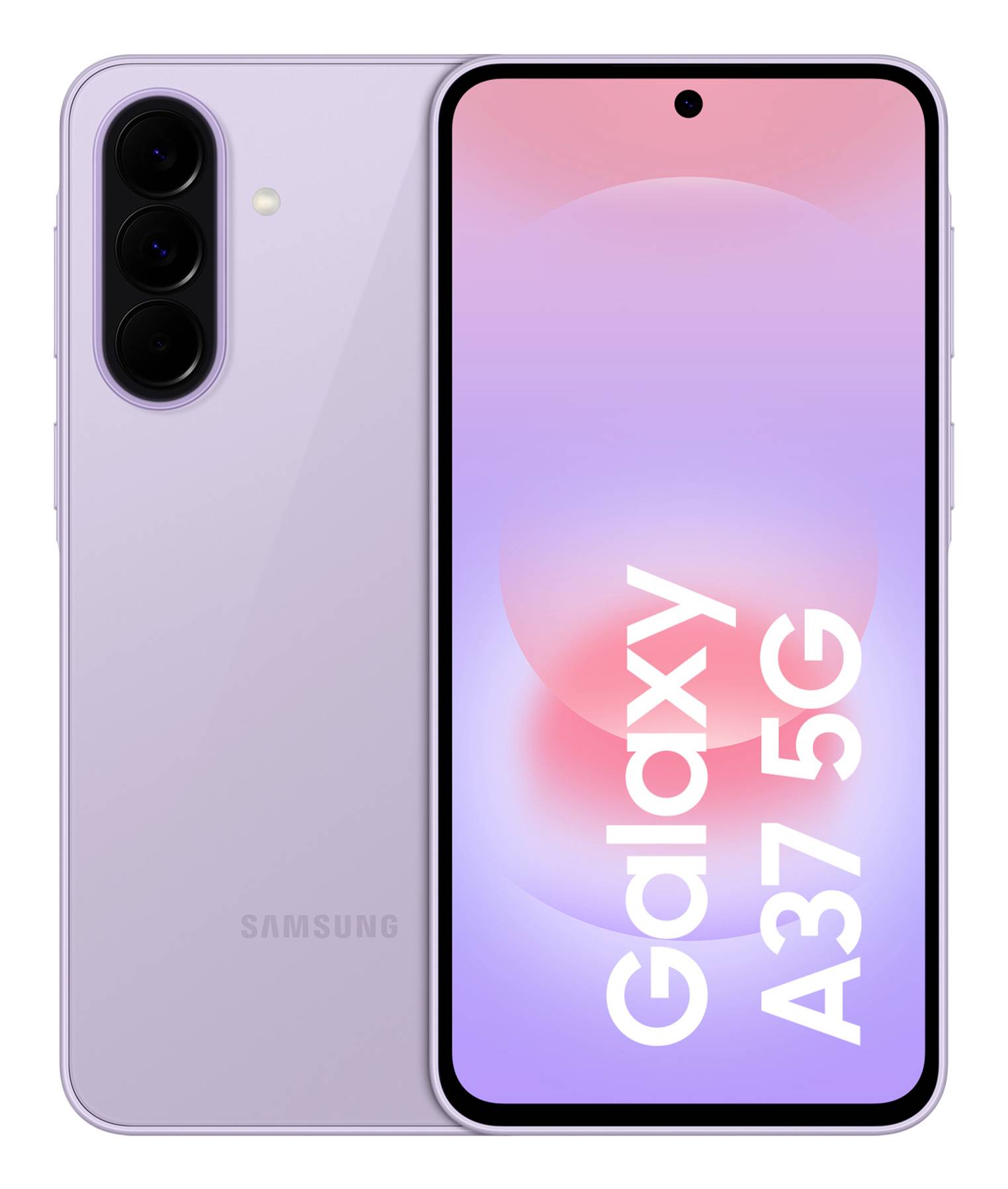 Lavender Samsung Galaxy A37 5G Smartphone, von vorne und hinten gezeigt, mit dreifachen Rückkameras und einem zentrierten Punch-Hole-Display mit der Aufschrift „Galaxy A37 5G