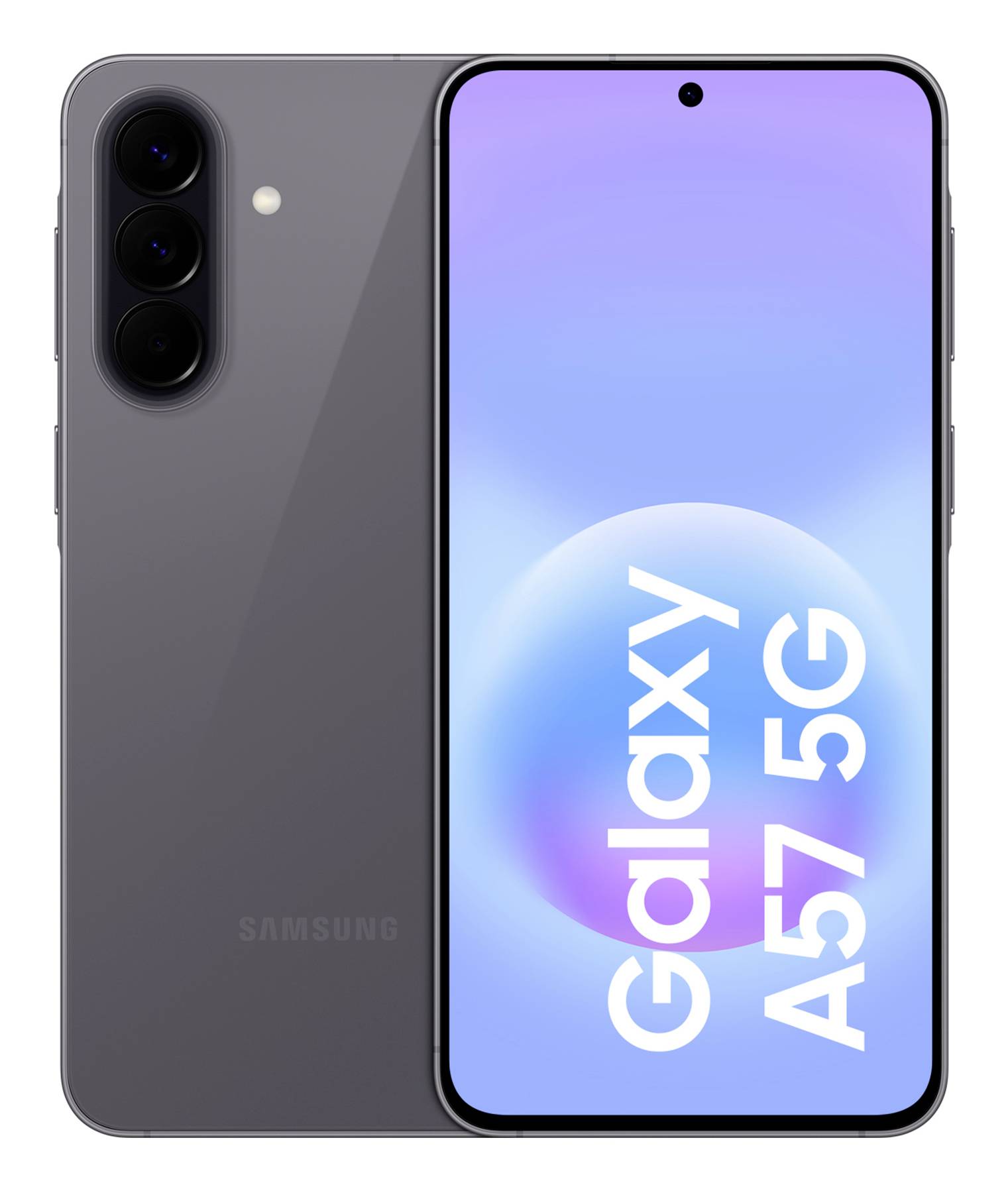 Vorder- und Rückansichten eines Samsung Galaxy A57 5G Smartphones in Grau, das die dreifache Rückkamera und das Display mit 