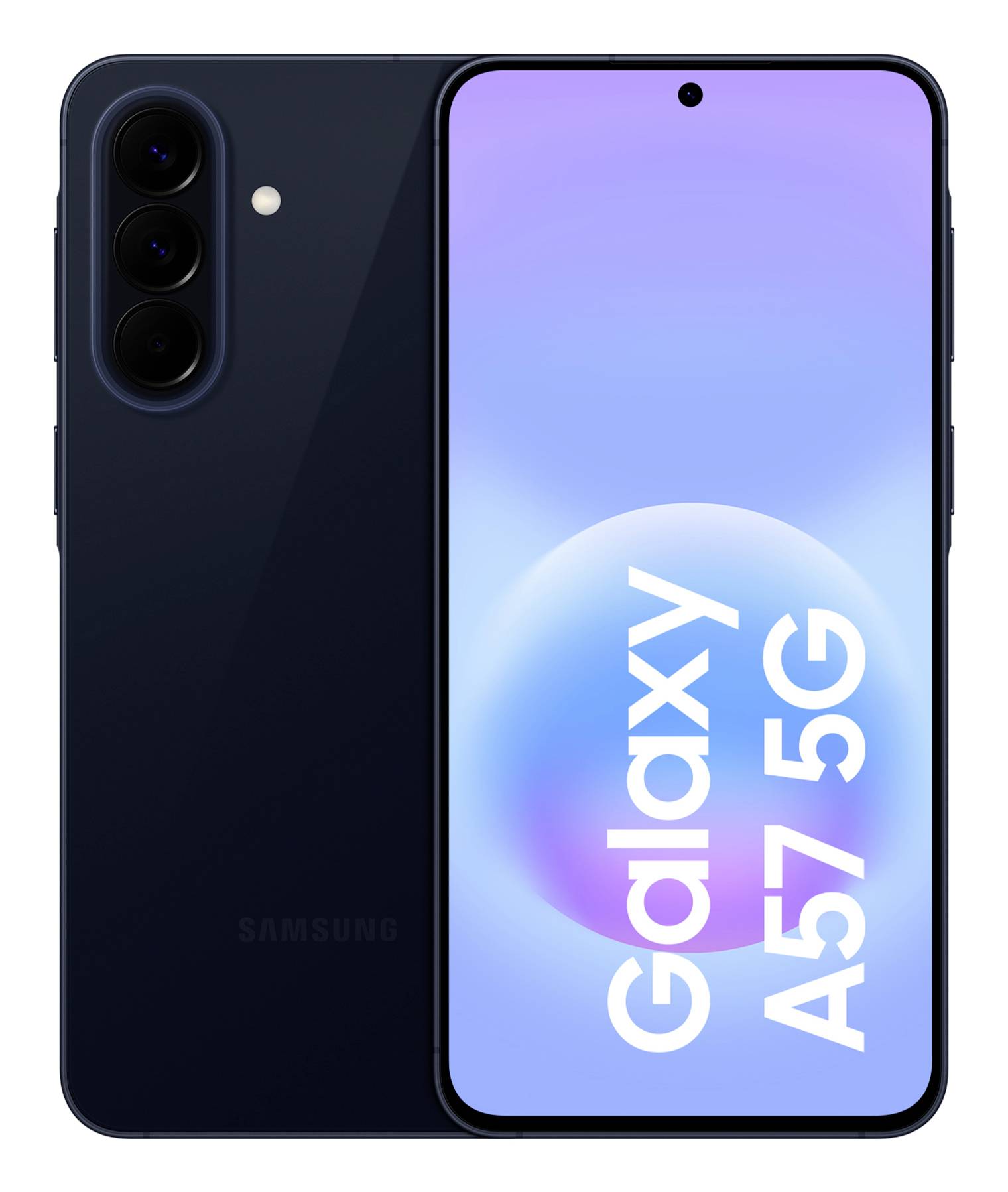 Samsung Galaxy A57 5G Smartphone von vorne und hinten abgebildet, mit schwarzem hinterer Kamera-Array und 