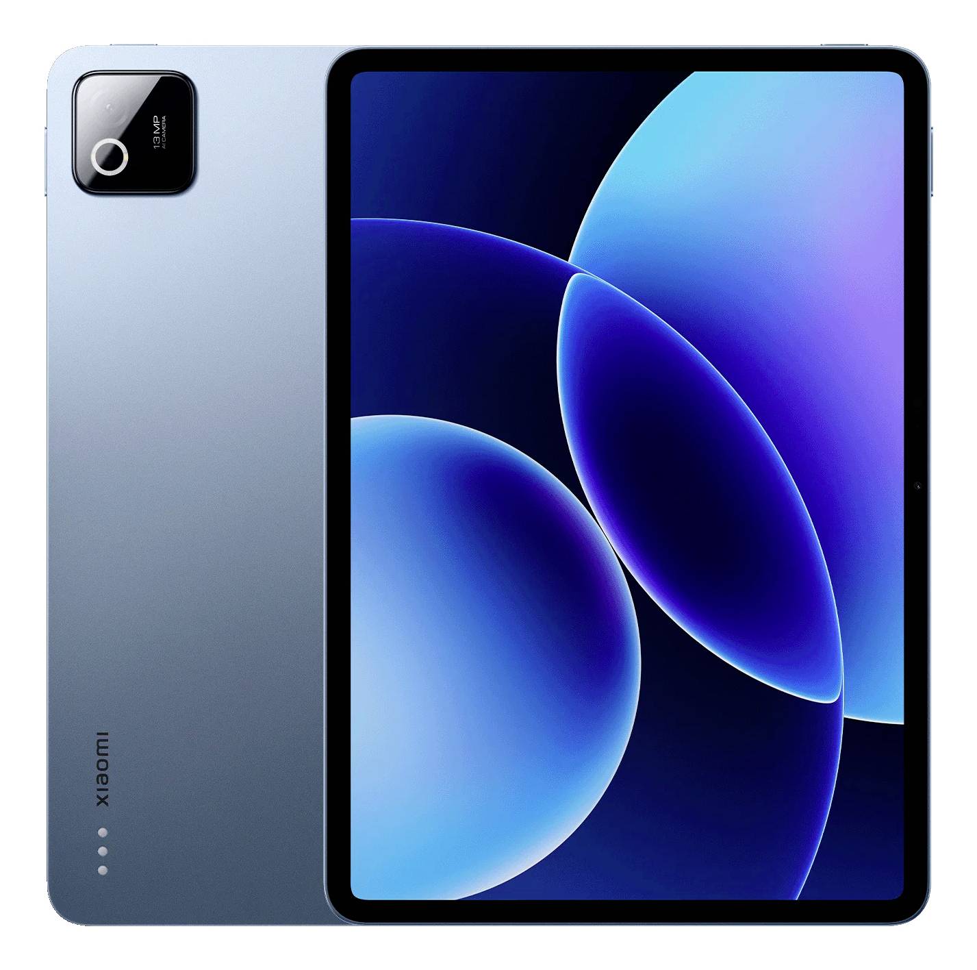 Silbernes Xiaomi-Tablet von vorne und hinten gezeigt, mit schwarzem Kameramodul und blauem abstraktem Hintergrundbild auf dem Display.