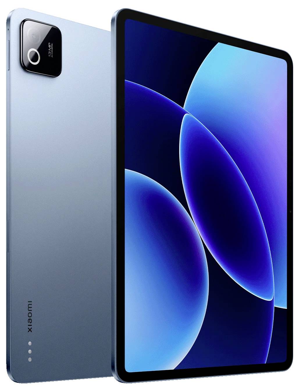 Blaues Xiaomi-Tablet von vorne und hinten gezeigt, wobei ein großes Display mit blauer abstrakter Tapete und ein hinteres Kameramodul hervorgehoben werden.