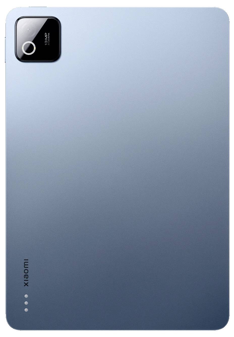 Rückseite eines blauen Xiaomi-Tablets mit einer einzelnen Rückfahrkamera in der oberen linken Ecke und Xiaomi-Branding in der Nähe der unteren linken Ecke.