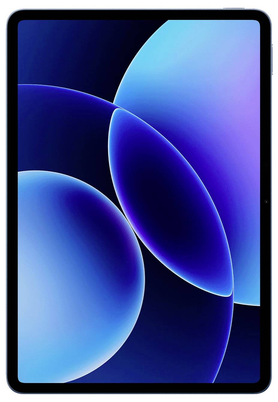 Schwarzes Tablet mit abgerundeten Ecken, das auf dunklem Hintergrund eine abstrakte blau- und cyan-farbige, blasenähnliche Tapete anzeigt.