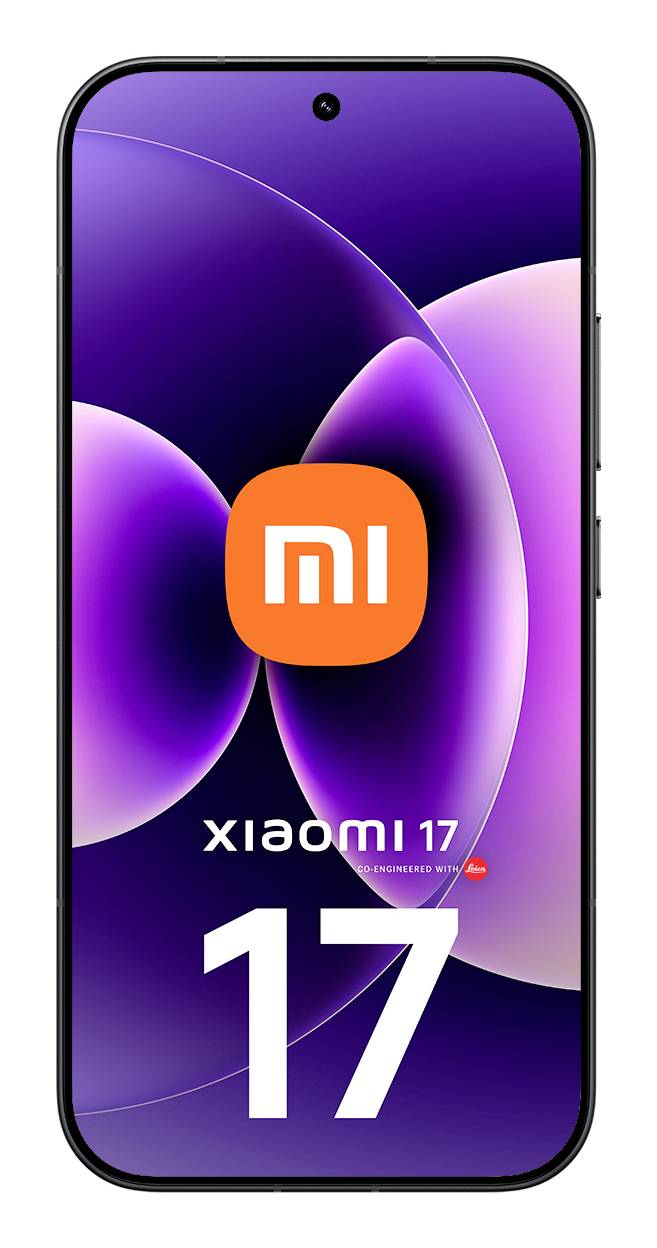 Xiaomi 17 Smartphone Vorderansicht mit violettem abstraktem Hintergrundbild, orangefarbenem Mi-Logo und großem „17
