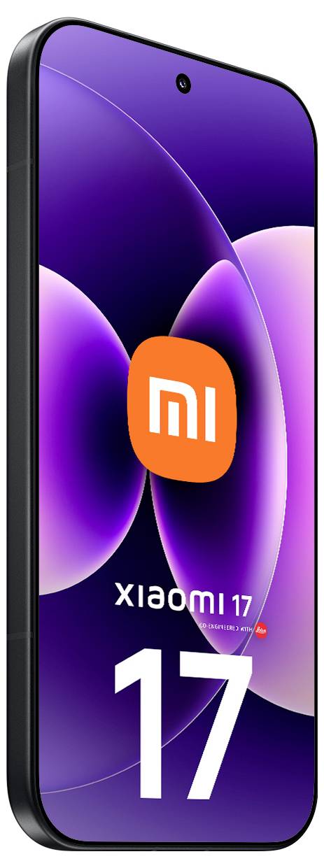 Frontansicht eines Xiaomi 17 Smartphones mit einem violetten abstrakten Hintergrundbild, orangefarbenem 