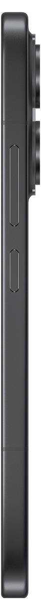 Seitenansicht eines schwarzen Smartphones, das die schlanke Kante mit Lautstärketasten und einem Seitenschalter zeigt.